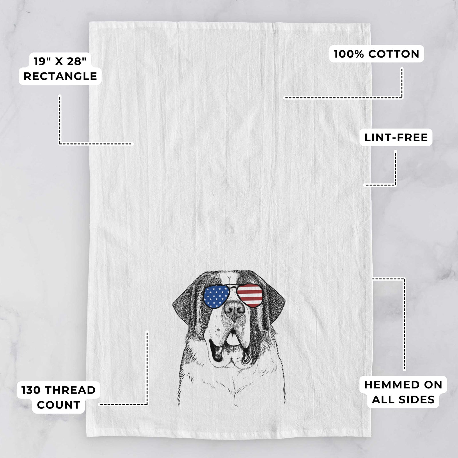 Hand-drawn sketch of Thor the Saint Bernard wearing American flag sunglasses on a tea towel, with feature callouts: 19 x 28 inch rectangle, 100% cotton, lint-free, 120 thread count, hemmed on all sides