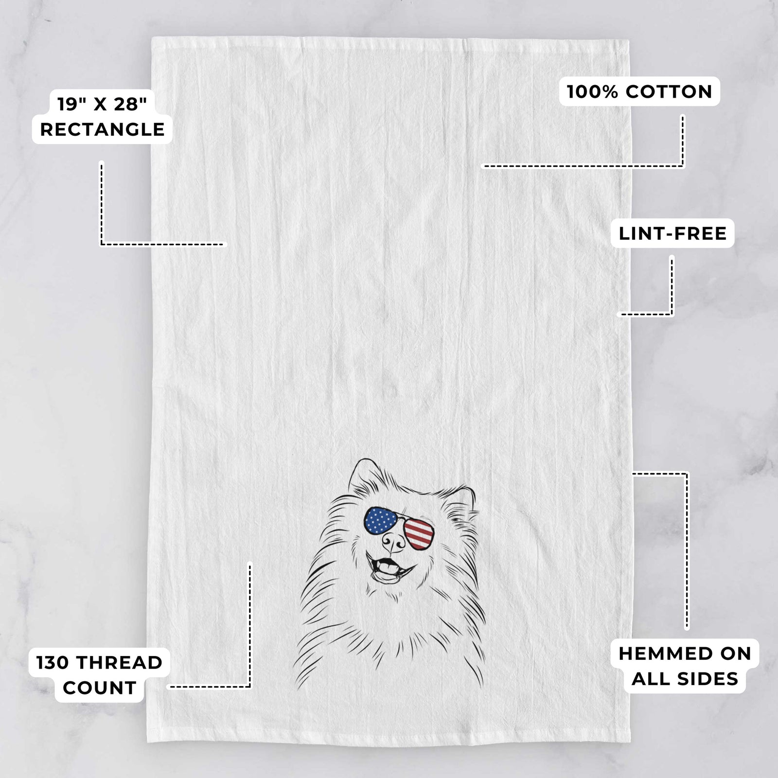 Hand-drawn sketch of Tillie the Samoyed wearing American flag sunglasses on a tea towel, with feature callouts: 19 x 28 inch rectangle, 100% cotton, lint-free, 120 thread count, hemmed on all sides