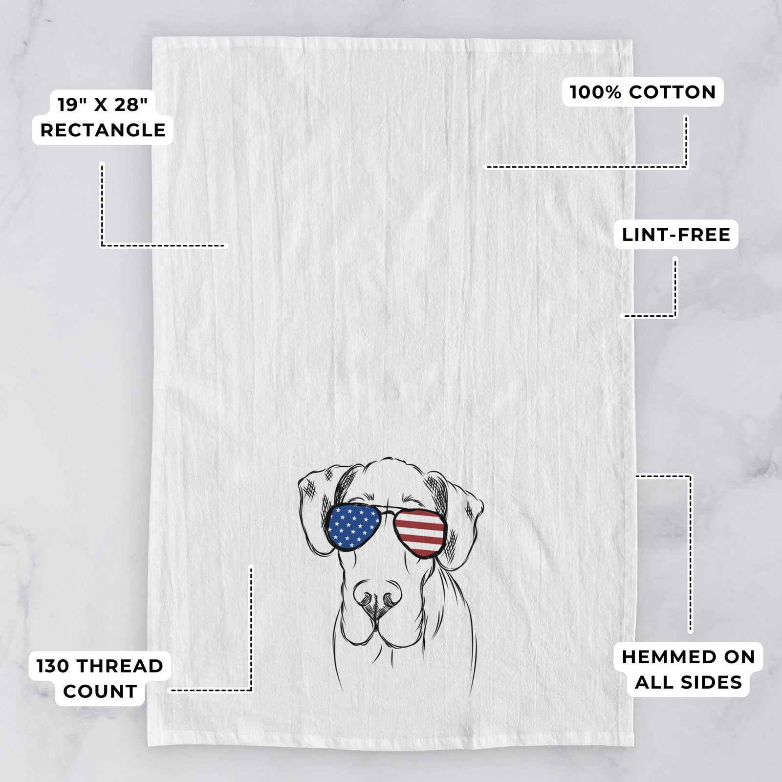 Hand-drawn sketch of Titus the Great Dane wearing American flag sunglasses on a tea towel, with feature callouts: 19 x 28 inch rectangle, 100% cotton, lint-free, 120 thread count, hemmed on all sides
