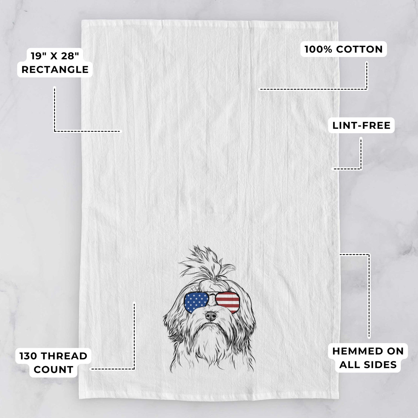 Hand-drawn sketch of Tootsie the Lowchen wearing American flag sunglasses on a tea towel, with feature callouts: 19 x 28 inch rectangle, 100% cotton, lint-free, 120 thread count, hemmed on all sides
