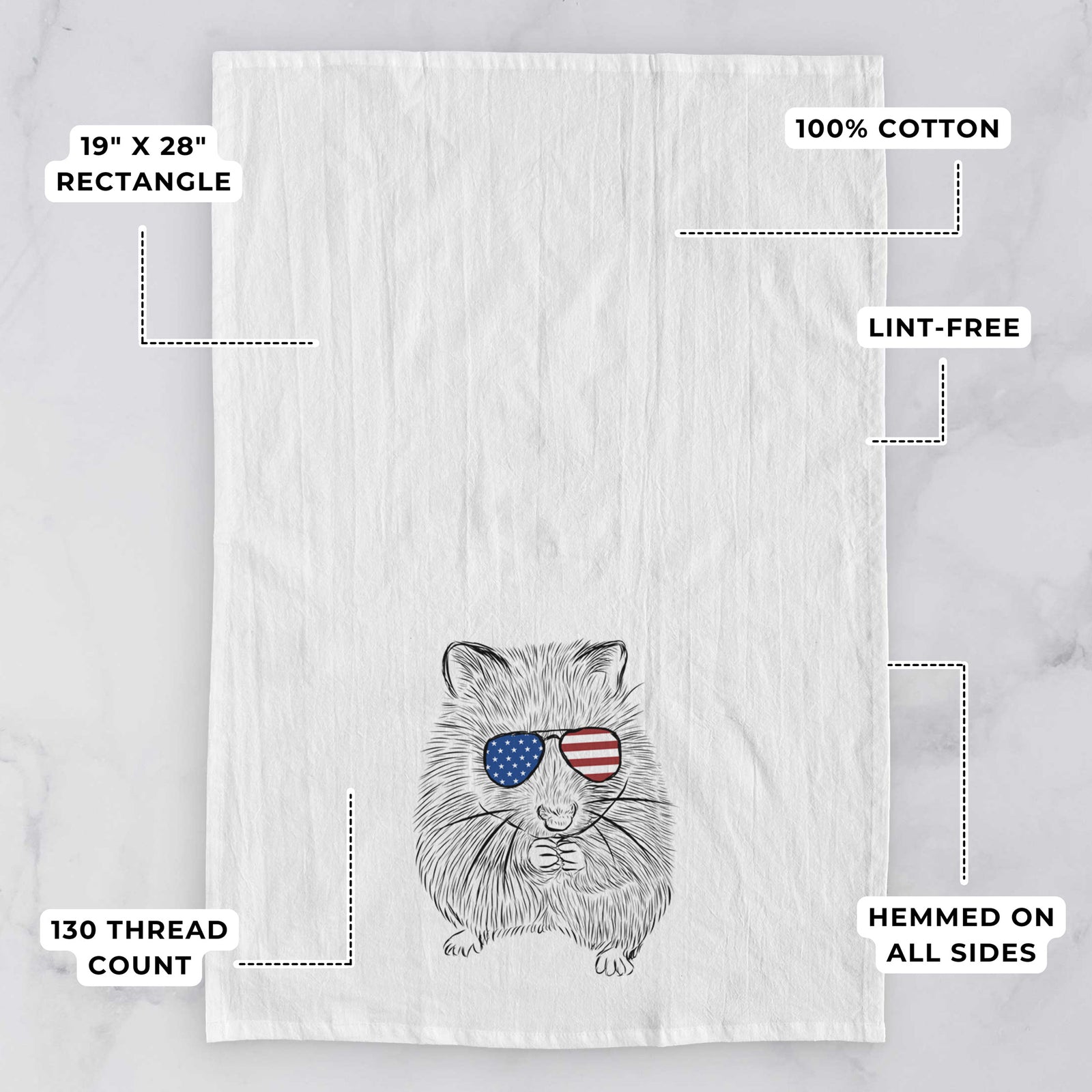Hand-drawn sketch of Twitch the Hamster wearing American flag sunglasses on a tea towel, with feature callouts: 19 x 28 inch rectangle, 100% cotton, lint-free, 120 thread count, hemmed on all sides