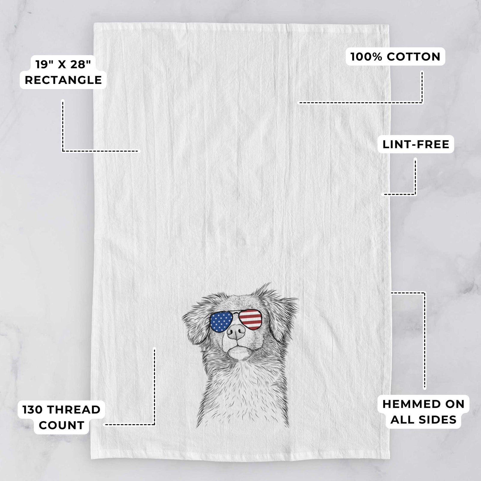 Hand-drawn sketch of Vixen the Nova Scotia Duck Tolling Retriever wearing American flag sunglasses on a tea towel, with feature callouts: 19 x 28 inch rectangle, 100% cotton, lint-free, 120 thread count, hemmed on all sides
