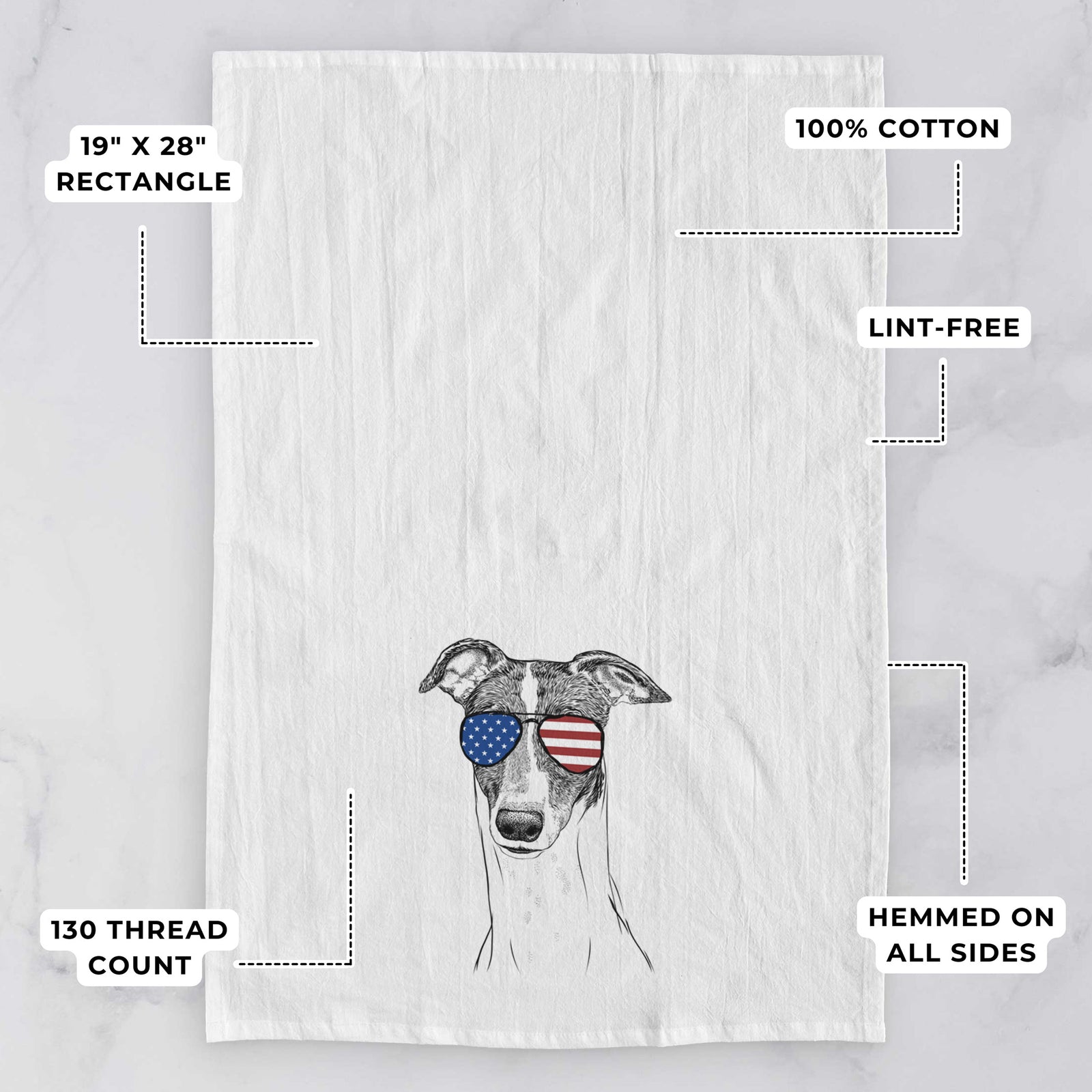 Hand-drawn sketch of Vyncent the Greyhound wearing American flag sunglasses on a tea towel, with feature callouts: 19 x 28 inch rectangle, 100% cotton, lint-free, 120 thread count, hemmed on all sides
