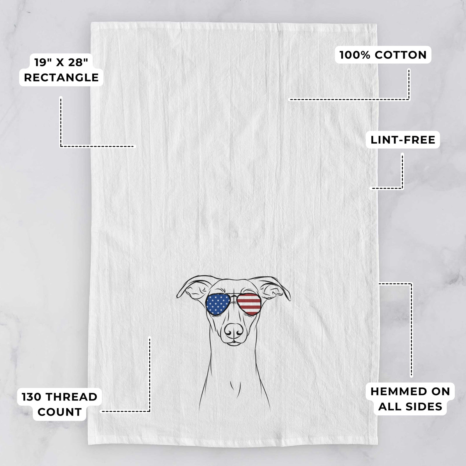 Hand-drawn sketch of Wallace the Whippet wearing American flag sunglasses on a tea towel, with feature callouts: 19 x 28 inch rectangle, 100% cotton, lint-free, 120 thread count, hemmed on all sides