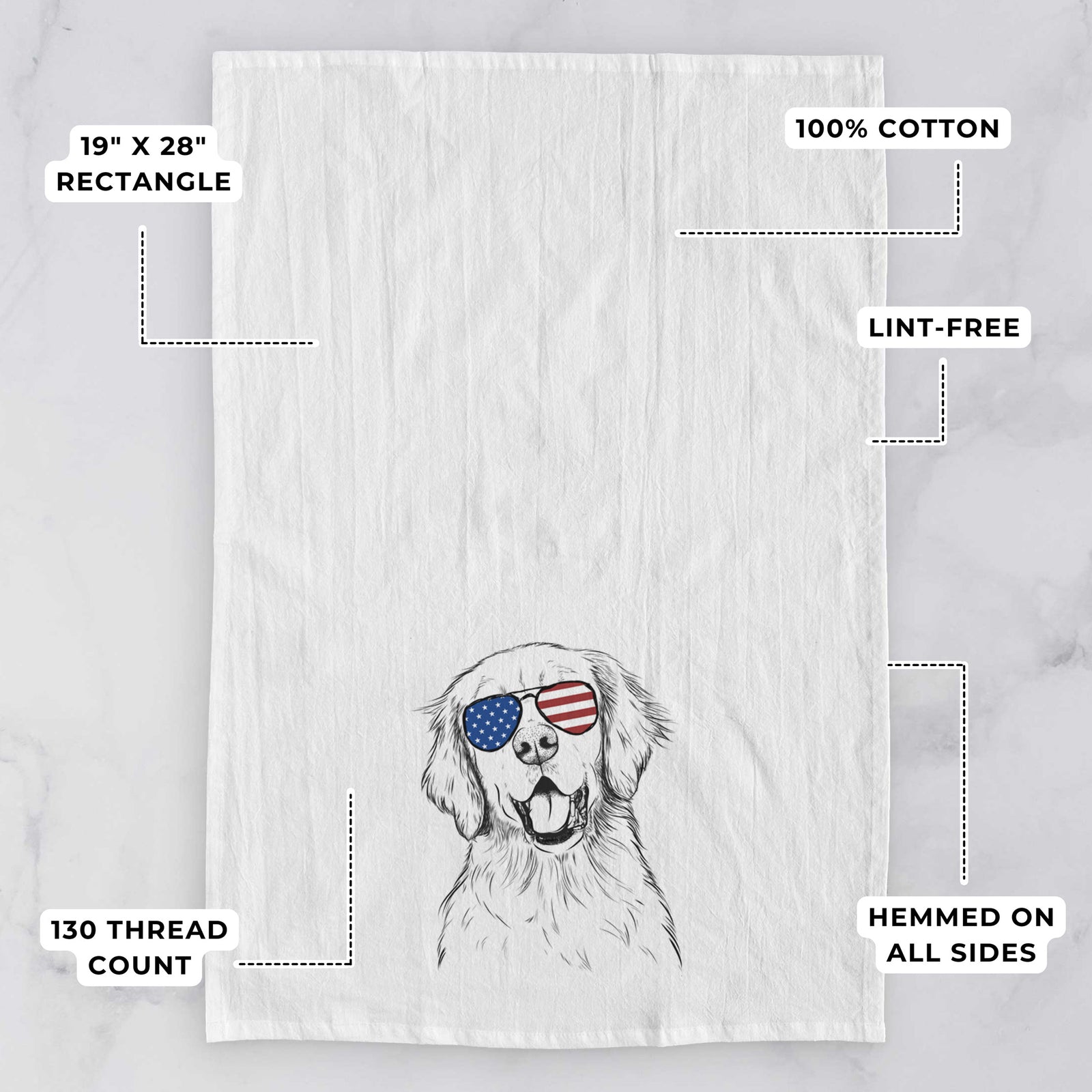 Hand-drawn sketch of Wallace the Golden Retriever wearing American flag sunglasses on a tea towel, with feature callouts: 19 x 28 inch rectangle, 100% cotton, lint-free, 120 thread count, hemmed on all sides