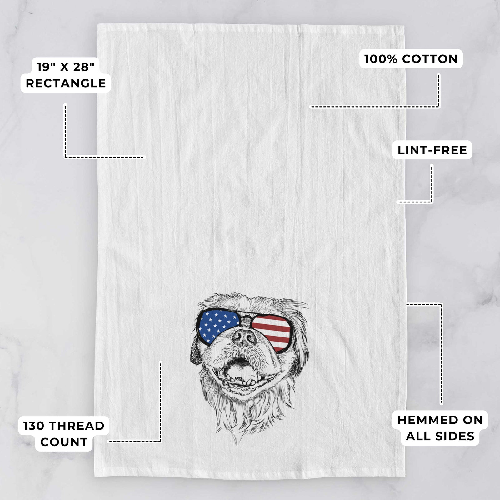 Hand-drawn sketch of Wally the Pekingese wearing American flag sunglasses on a tea towel, with feature callouts: 19 x 28 inch rectangle, 100% cotton, lint-free, 120 thread count, hemmed on all sides