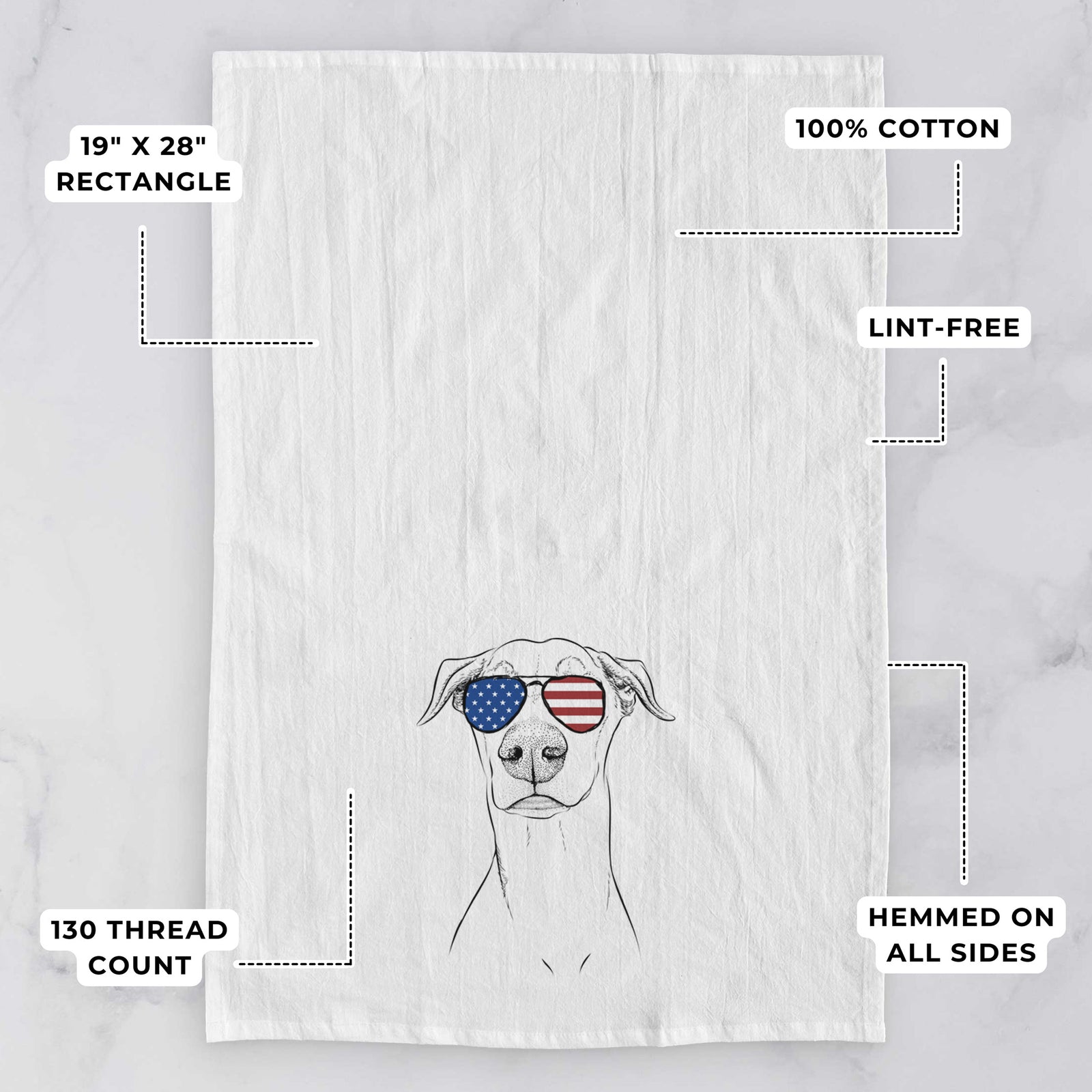 Hand-drawn sketch of Walter the White Doberman Rescue wearing American flag sunglasses on a tea towel, with feature callouts: 19 x 28 inch rectangle, 100% cotton, lint-free, 120 thread count, hemmed on all sides