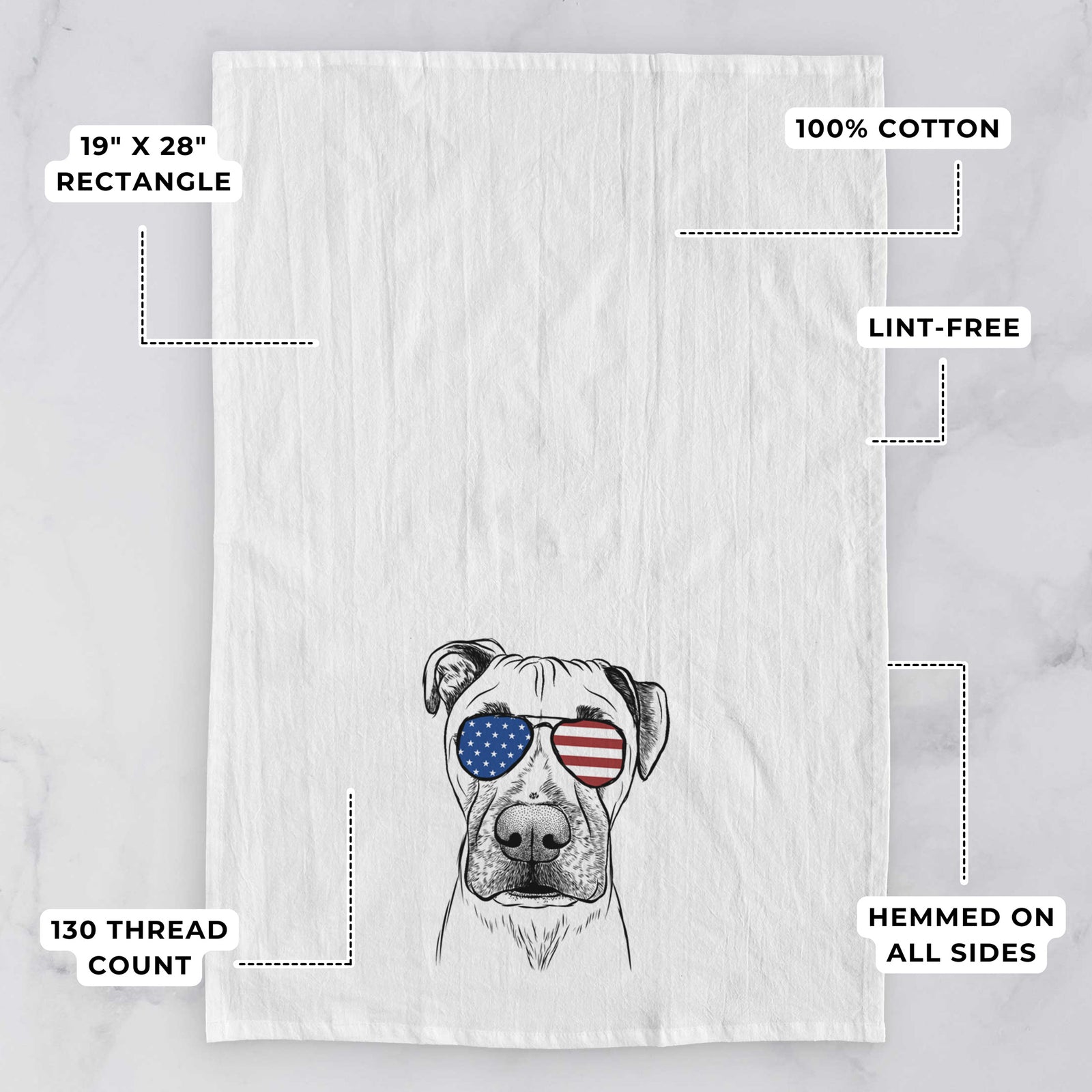 Hand-drawn sketch of Waylon the Boxane wearing American flag sunglasses on a tea towel, with feature callouts: 19 x 28 inch rectangle, 100% cotton, lint-free, 120 thread count, hemmed on all sides