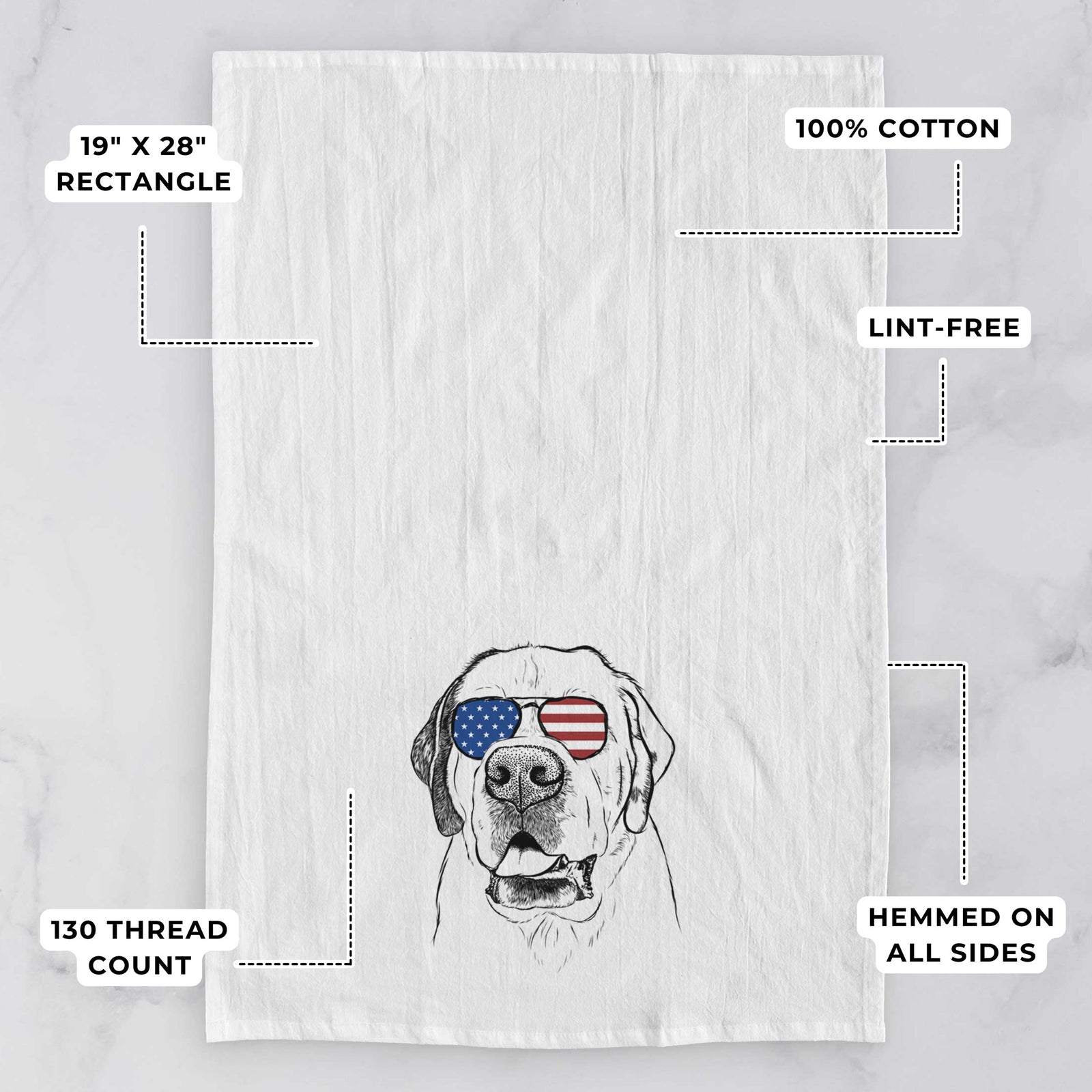 Hand-drawn sketch of Wendy the Saint Bernard wearing American flag sunglasses on a tea towel, with feature callouts: 19 x 28 inch rectangle, 100% cotton, lint-free, 120 thread count, hemmed on all sides