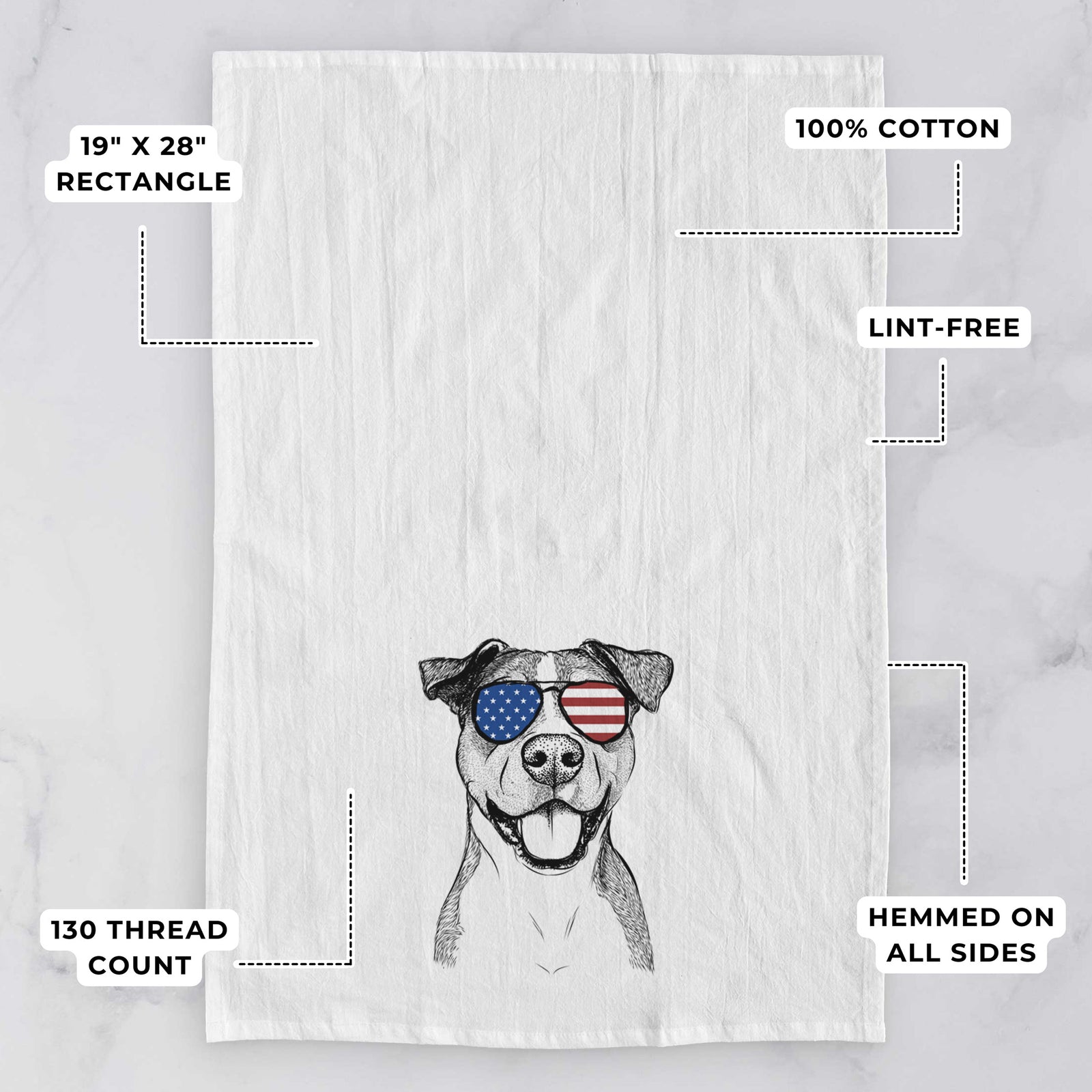 Hand-drawn sketch of Wendy the Mixed Breed wearing American flag sunglasses on a tea towel, with feature callouts: 19 x 28 inch rectangle, 100% cotton, lint-free, 120 thread count, hemmed on all sides