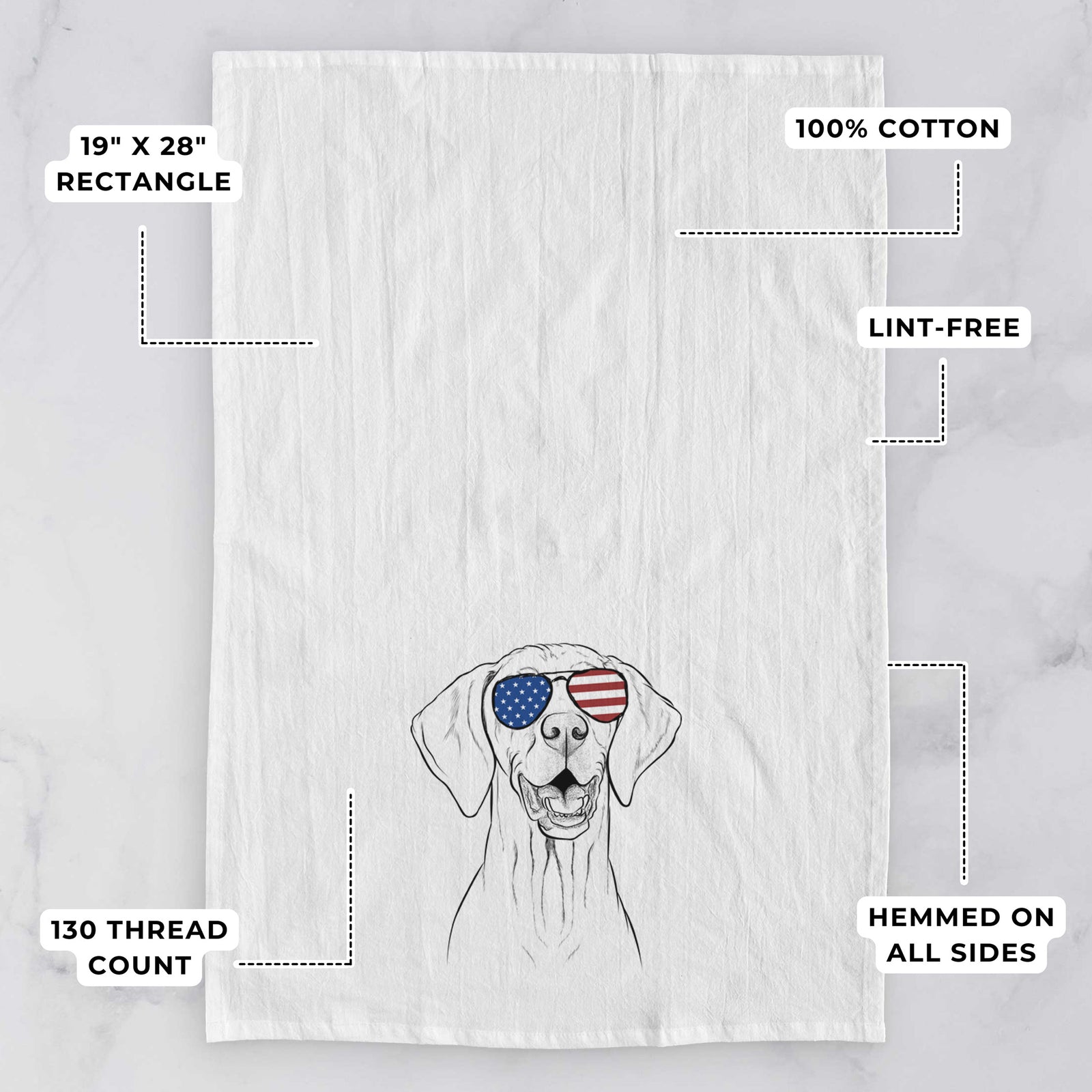 Hand-drawn sketch of Wesley the Vizsla wearing American flag sunglasses on a tea towel, with feature callouts: 19 x 28 inch rectangle, 100% cotton, lint-free, 120 thread count, hemmed on all sides