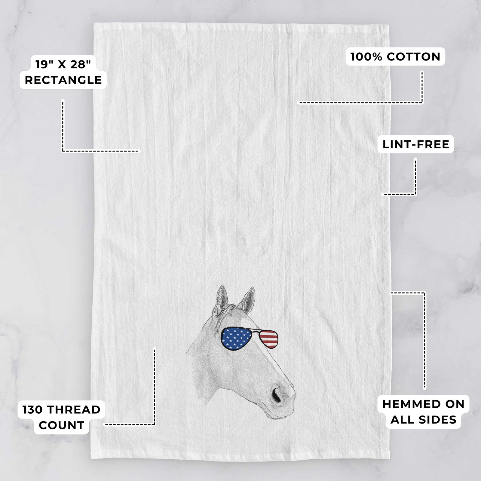 Hand-drawn sketch of Westley the Horse wearing American flag sunglasses on a tea towel, with feature callouts: 19 x 28 inch rectangle, 100% cotton, lint-free, 120 thread count, hemmed on all sides
