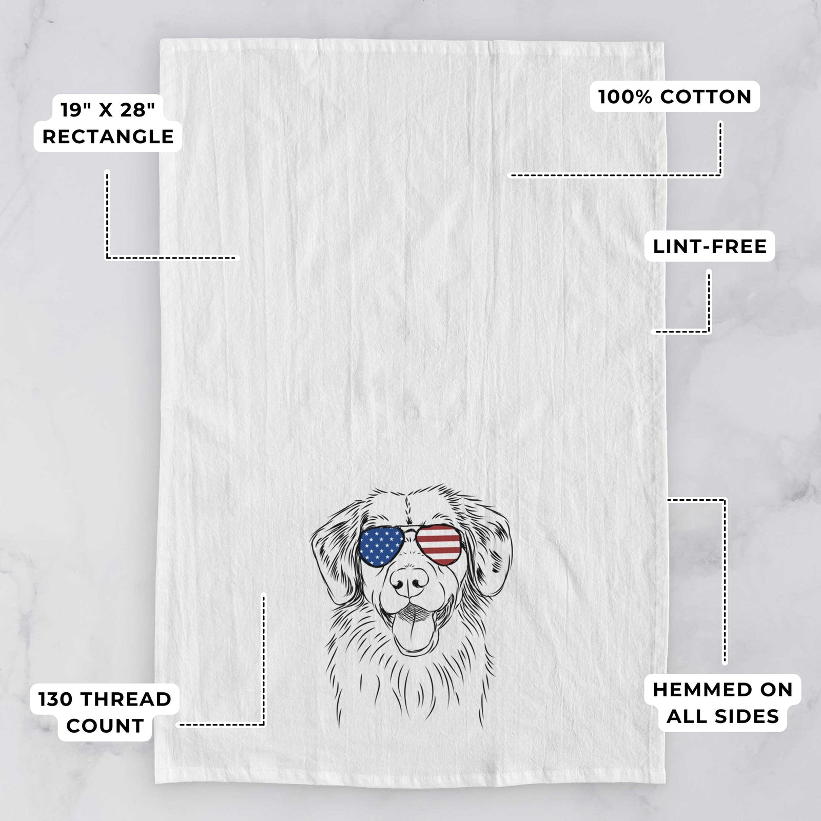 Hand-drawn sketch of Weston the Nova Scotia Duck Tolling Retriever wearing American flag sunglasses on a tea towel, with feature callouts: 19 x 28 inch rectangle, 100% cotton, lint-free, 120 thread count, hemmed on all sides