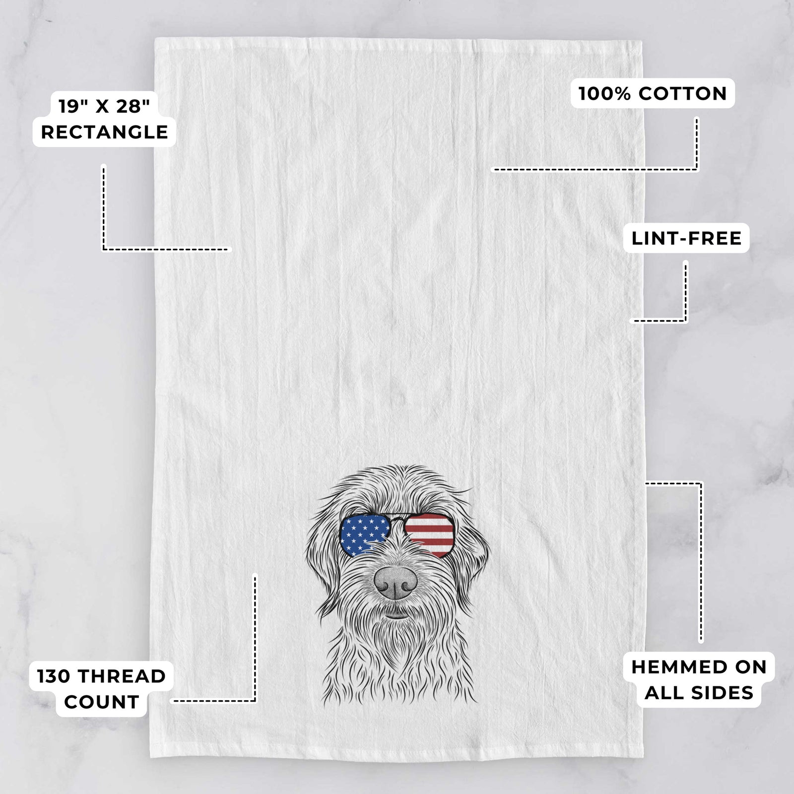 Hand-drawn sketch of Wilkins the Wirehaired Pointing Griffon wearing American flag sunglasses on a tea towel, with feature callouts: 19 x 28 inch rectangle, 100% cotton, lint-free, 120 thread count, hemmed on all sides