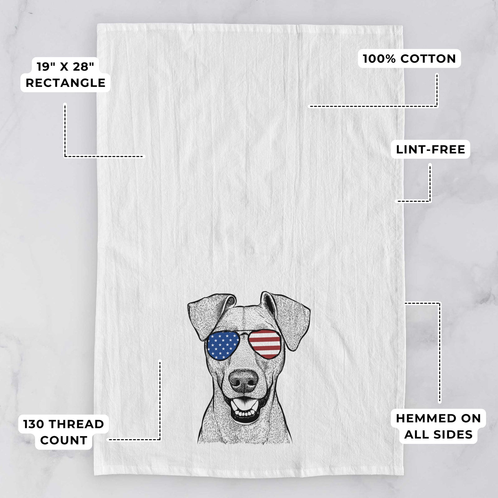 Hand-drawn sketch of Willow the German Pinscher wearing American flag sunglasses on a tea towel, with feature callouts: 19 x 28 inch rectangle, 100% cotton, lint-free, 120 thread count, hemmed on all sides
