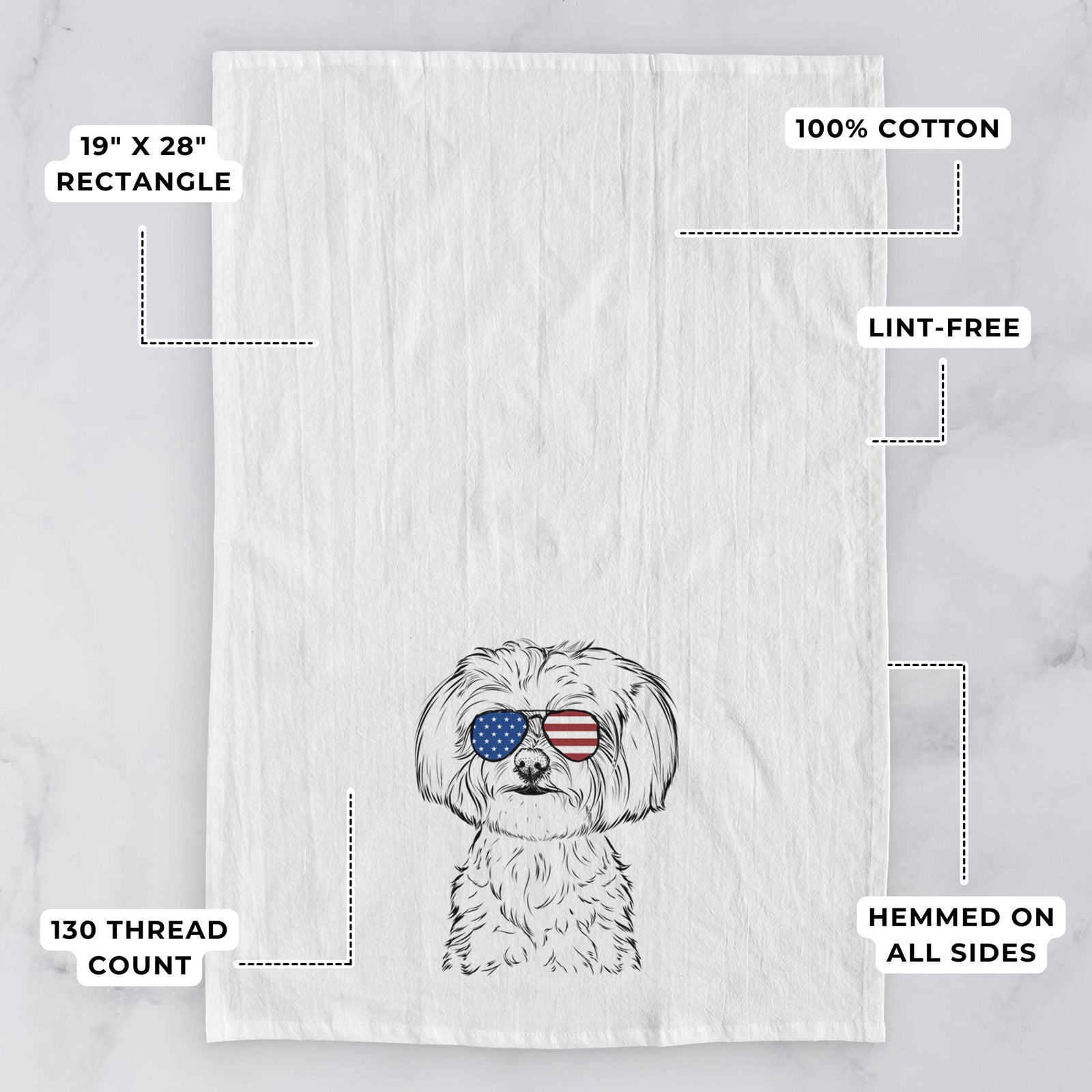 Hand-drawn sketch of Willow the Maltese wearing American flag sunglasses on a tea towel, with feature callouts: 19 x 28 inch rectangle, 100% cotton, lint-free, 120 thread count, hemmed on all sides
