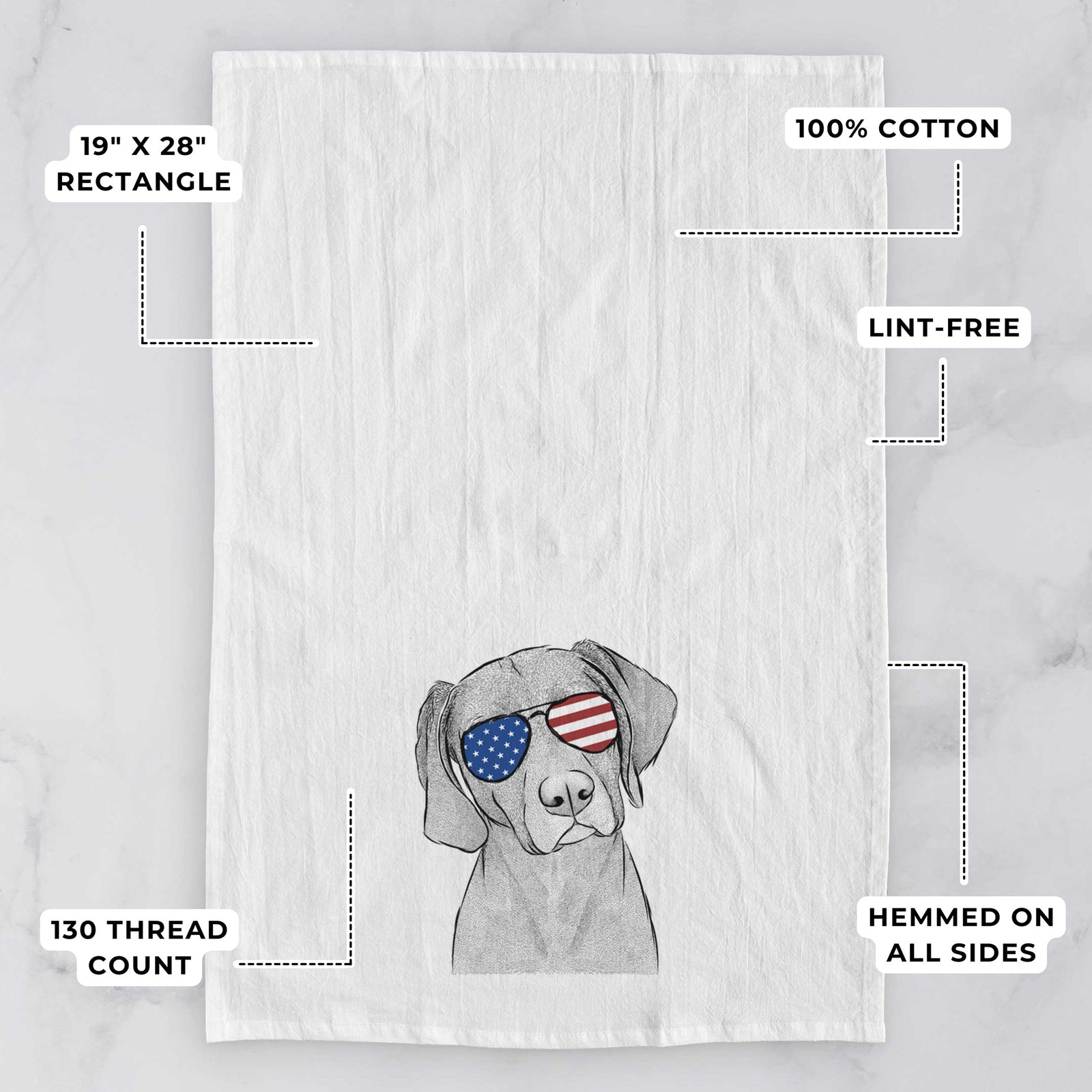 Hand-drawn sketch of Willow the Weizsla wearing American flag sunglasses on a tea towel, with feature callouts: 19 x 28 inch rectangle, 100% cotton, lint-free, 120 thread count, hemmed on all sides