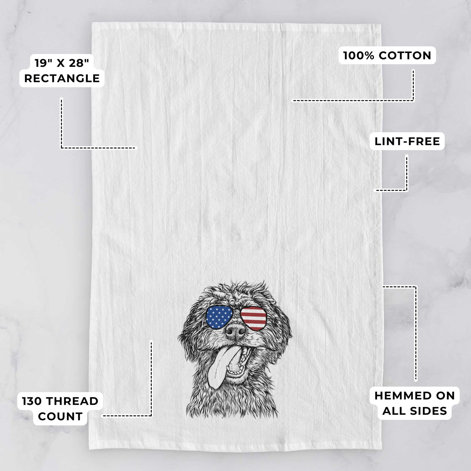 Hand-drawn sketch of Winnie the Mini Aussiedoodle wearing American flag sunglasses on a tea towel, with feature callouts: 19 x 28 inch rectangle, 100% cotton, lint-free, 120 thread count, hemmed on all sides