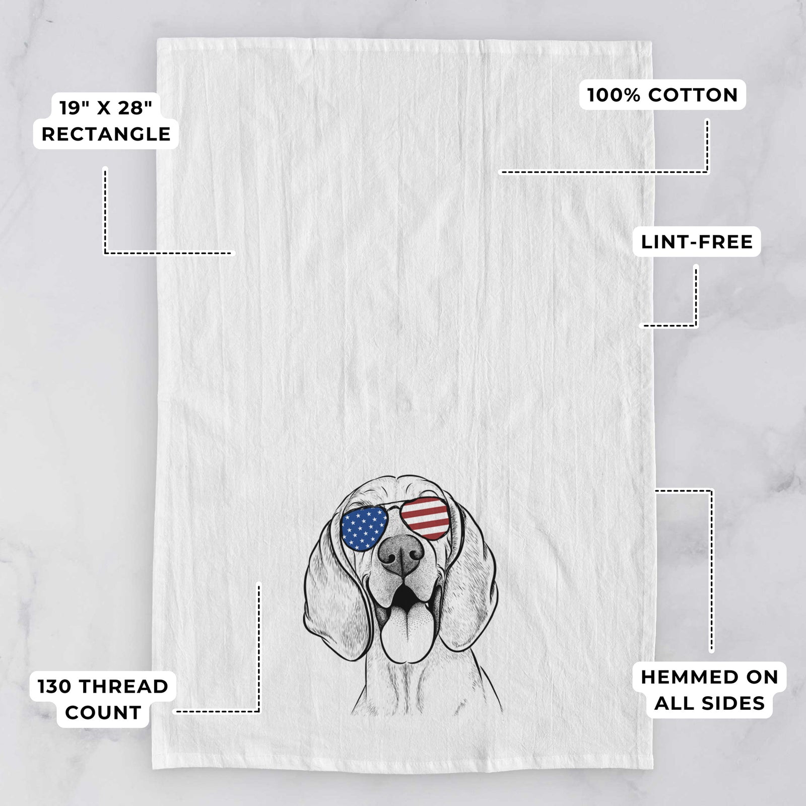 Hand-drawn sketch of Winston the Redbone Coonhound wearing American flag sunglasses on a tea towel, with feature callouts: 19 x 28 inch rectangle, 100% cotton, lint-free, 120 thread count, hemmed on all sides
