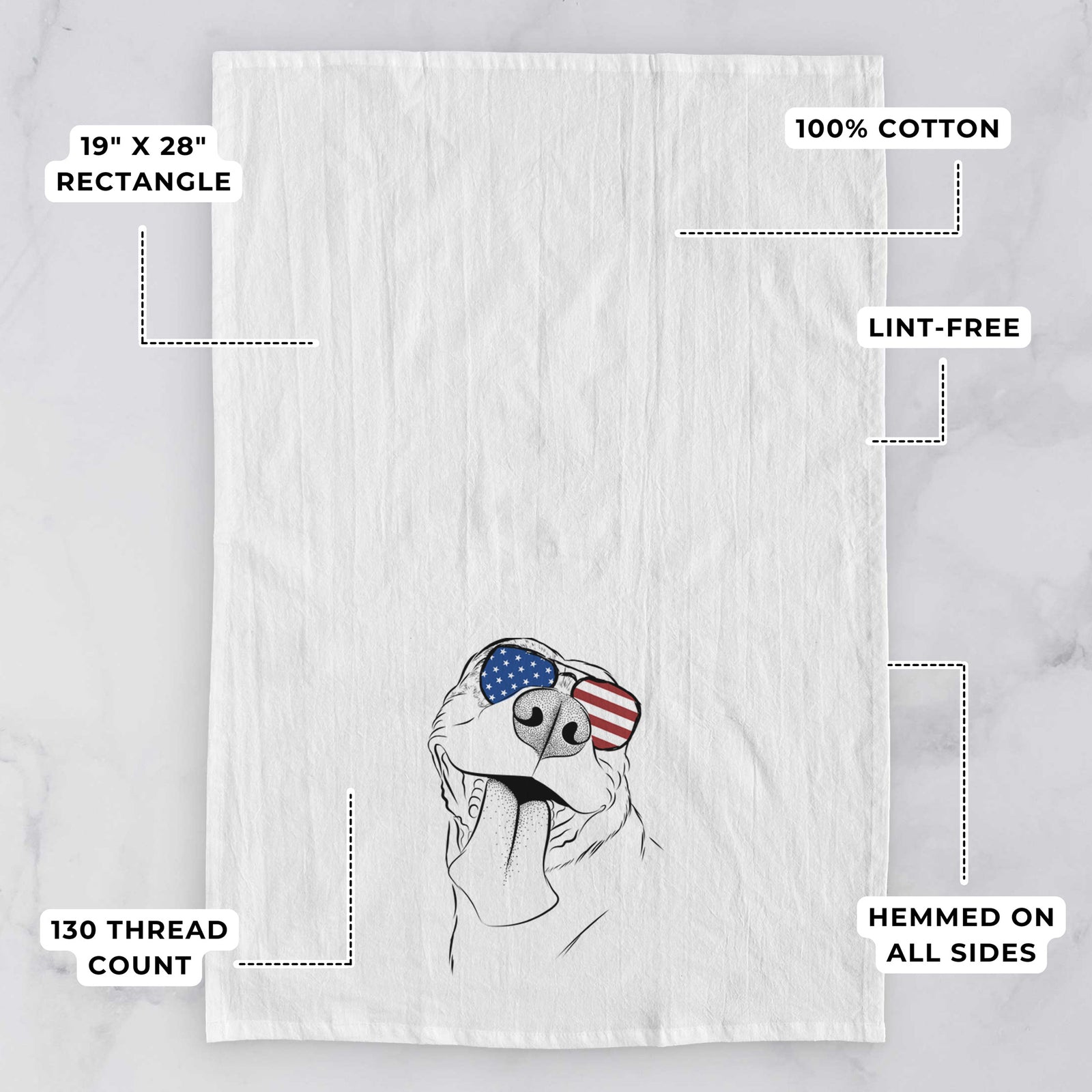 Hand-drawn sketch of Xena the American Staffordshire Terrier wearing American flag sunglasses on a tea towel, with feature callouts: 19 x 28 inch rectangle, 100% cotton, lint-free, 120 thread count, hemmed on all sides