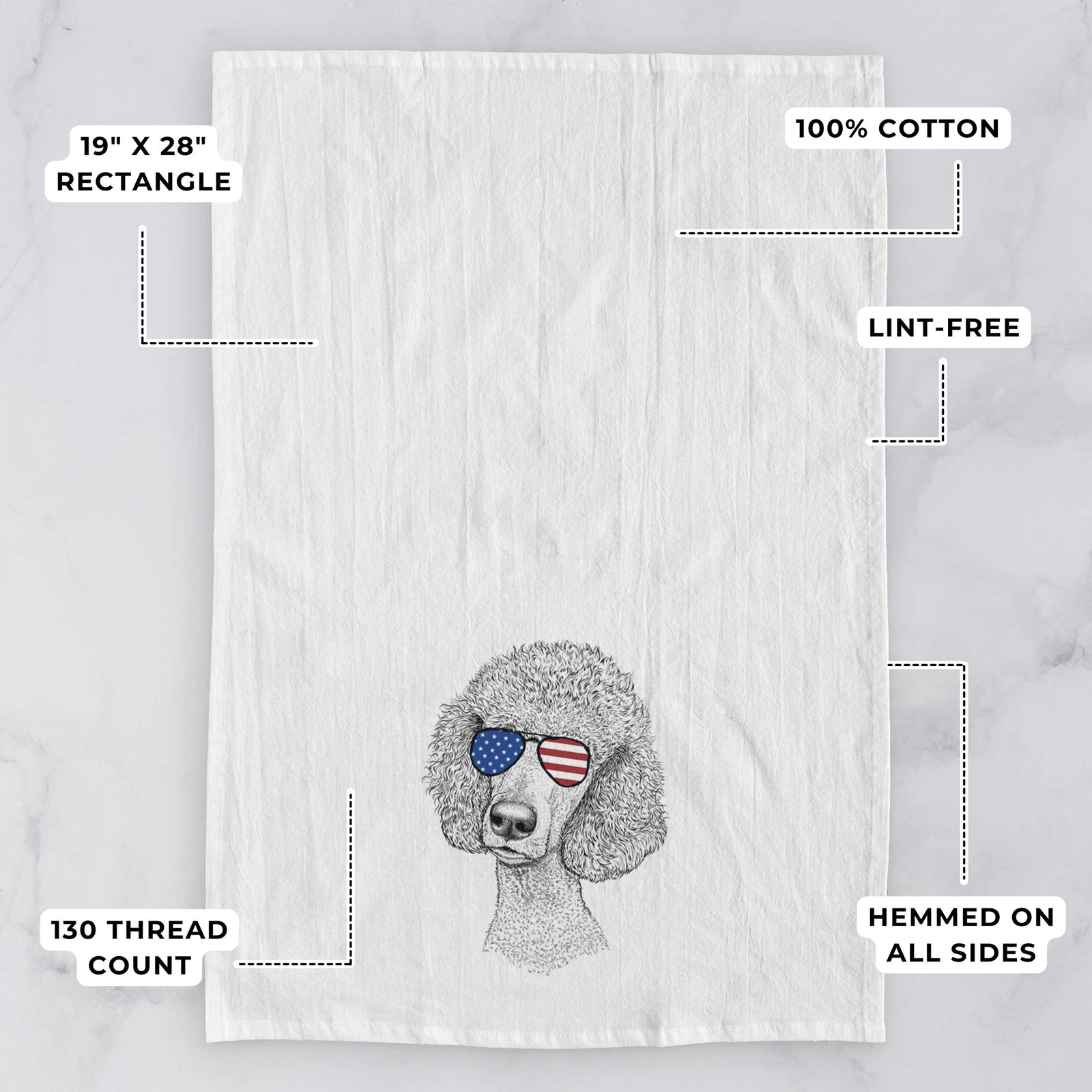 Hand-drawn sketch of Yuki the Poodle wearing American flag sunglasses on a tea towel, with feature callouts: 19 x 28 inch rectangle, 100% cotton, lint-free, 120 thread count, hemmed on all sides