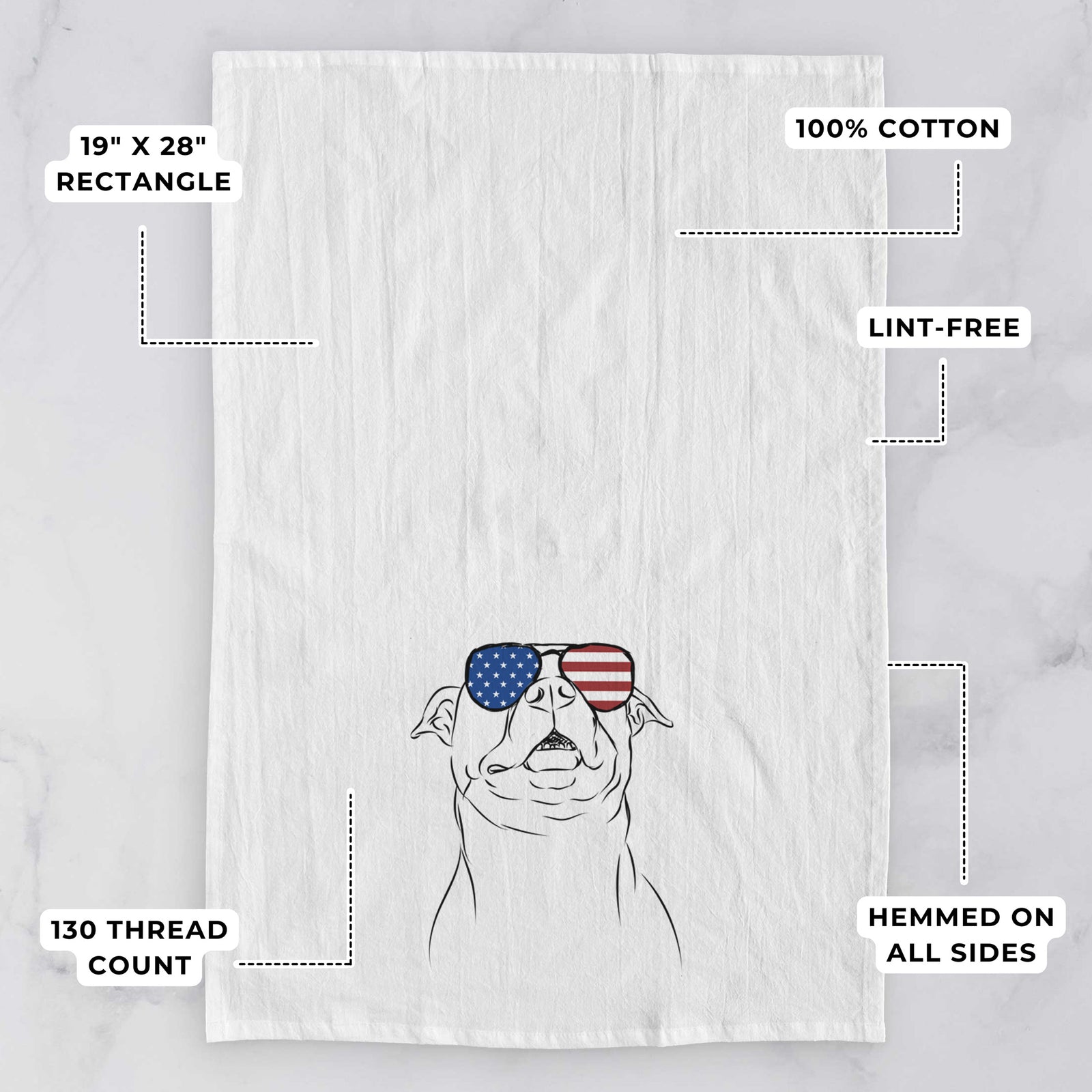 Hand-drawn sketch of Zada the Pitbull wearing American flag sunglasses on a tea towel, with feature callouts: 19 x 28 inch rectangle, 100% cotton, lint-free, 120 thread count, hemmed on all sides