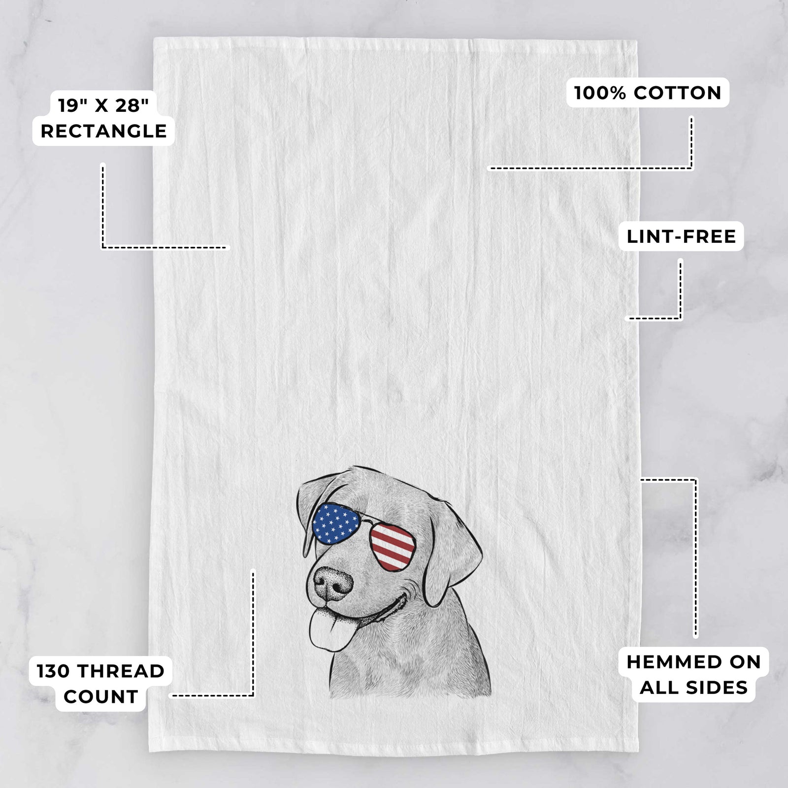Hand-drawn sketch of Zeppelin the Black Labrador wearing American flag sunglasses on a tea towel, with feature callouts: 19 x 28 inch rectangle, 100% cotton, lint-free, 120 thread count, hemmed on all sides