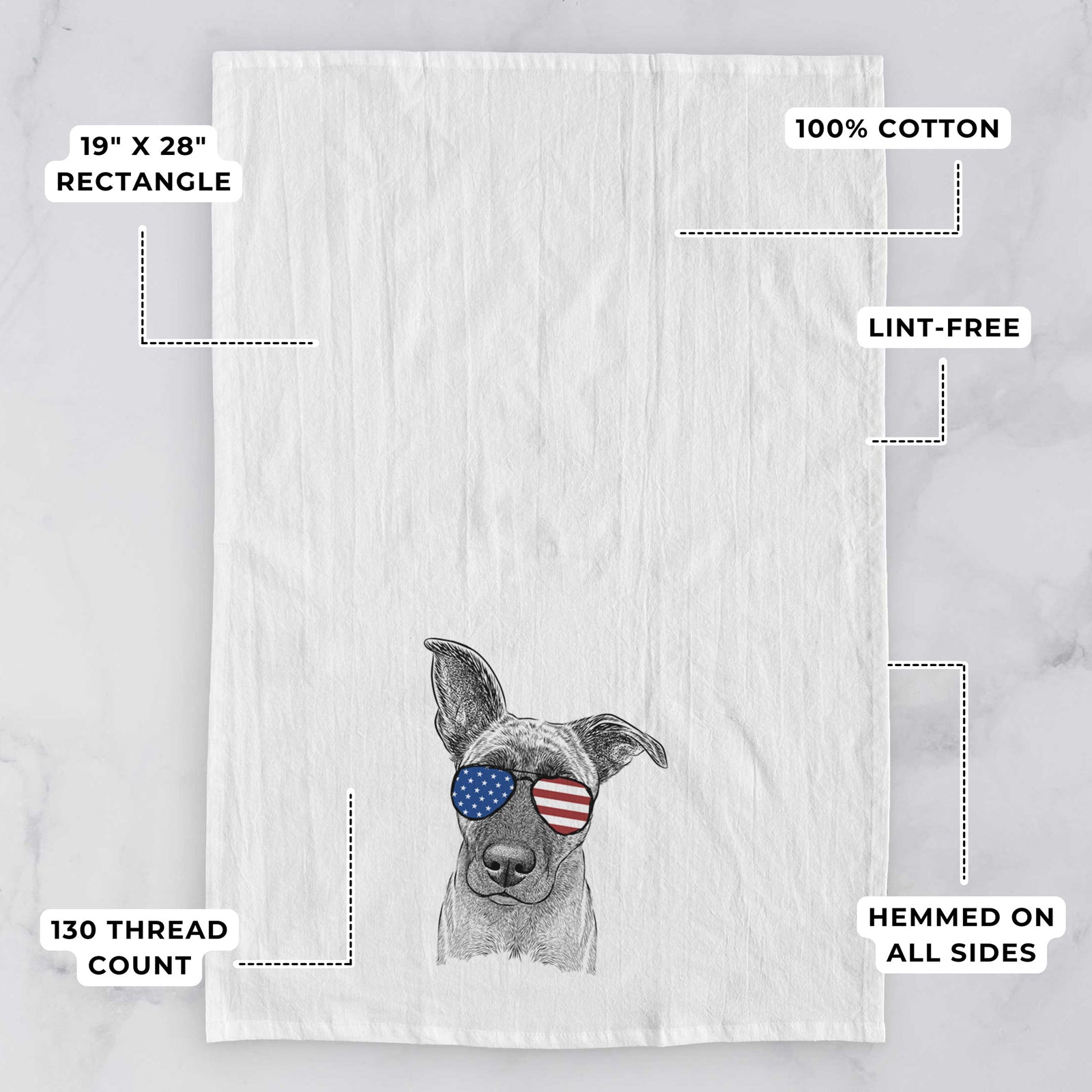 Hand-drawn sketch of Zoey the Mixed Breed wearing American flag sunglasses on a tea towel, with feature callouts: 19 x 28 inch rectangle, 100% cotton, lint-free, 120 thread count, hemmed on all sides