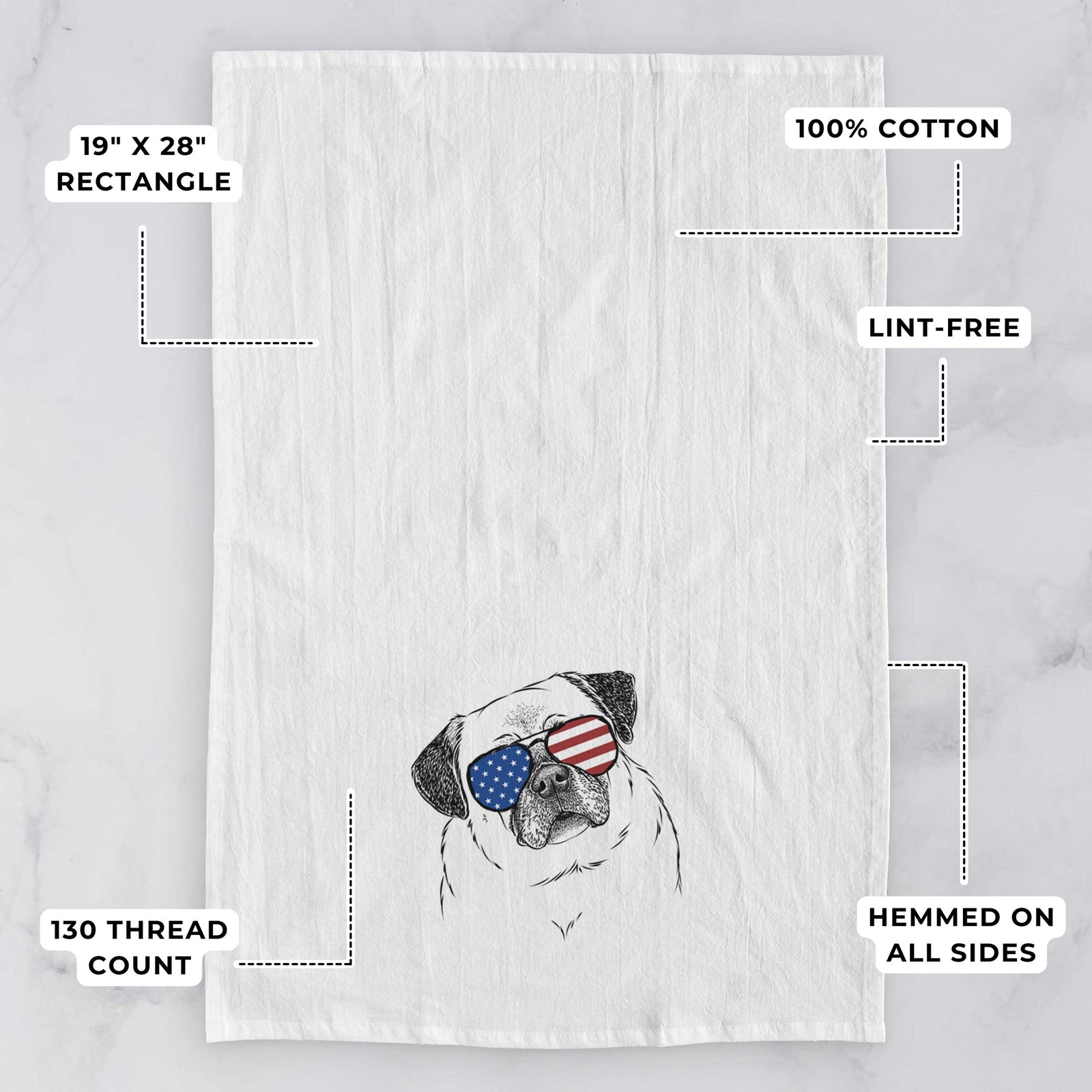 Hand-drawn sketch of Zoey the Pug wearing American flag sunglasses on a tea towel, with feature callouts: 19 x 28 inch rectangle, 100% cotton, lint-free, 120 thread count, hemmed on all sides