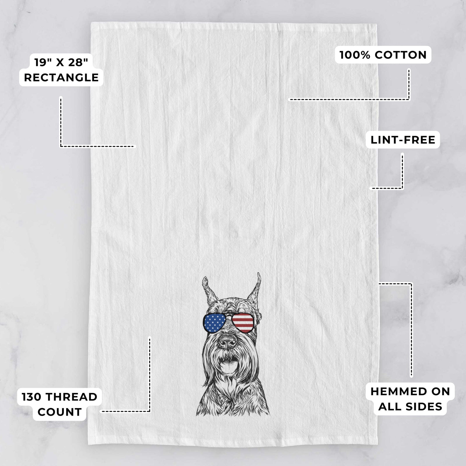 Hand-drawn sketch of Zuri the Giant Schnauzer wearing American flag sunglasses on a tea towel, with feature callouts: 19 x 28 inch rectangle, 100% cotton, lint-free, 120 thread count, hemmed on all sides