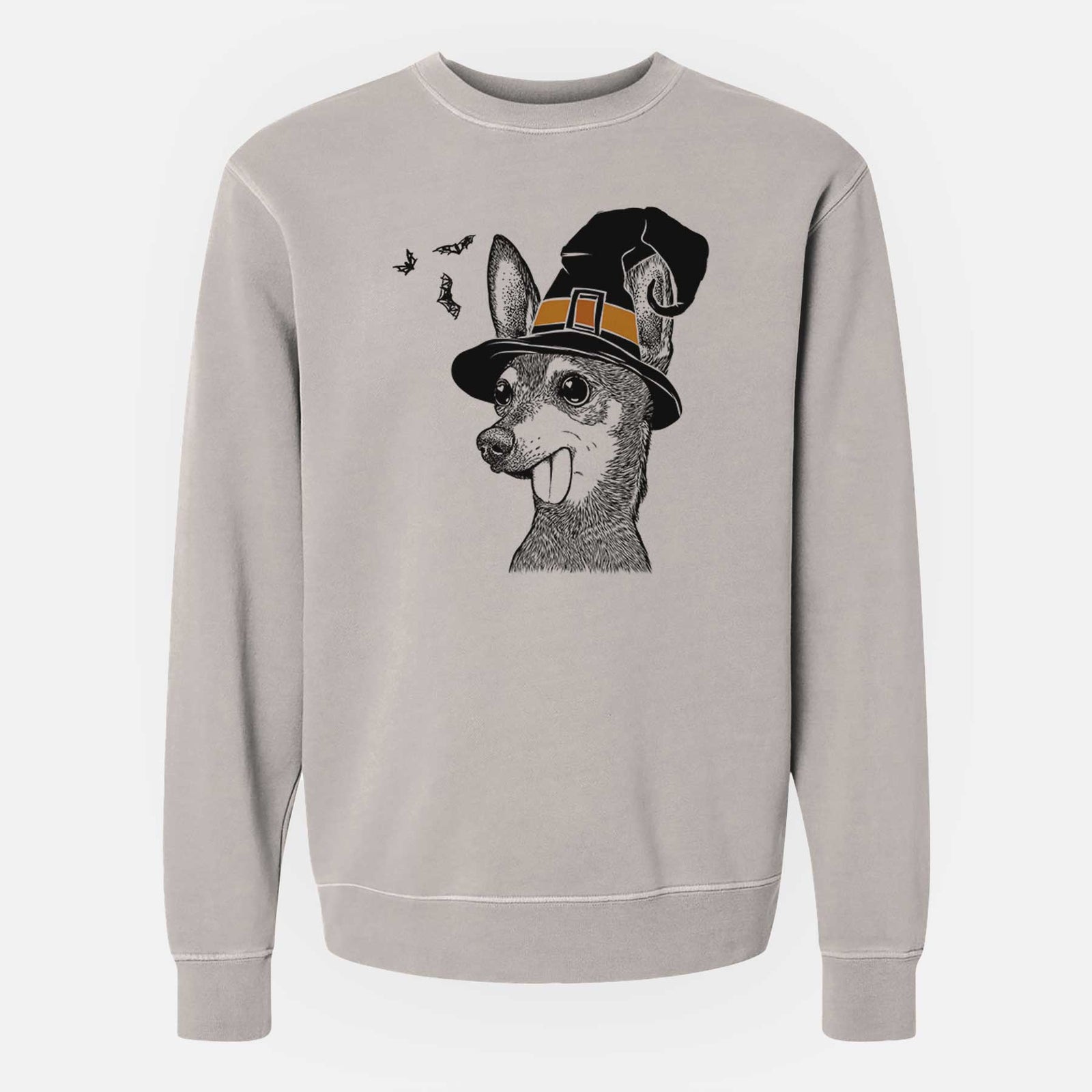 Hand-drawn sketch of Aaron the Chihuahua wearing a witch hat on a Cement Unisex pigment dyed crew sweatshirt