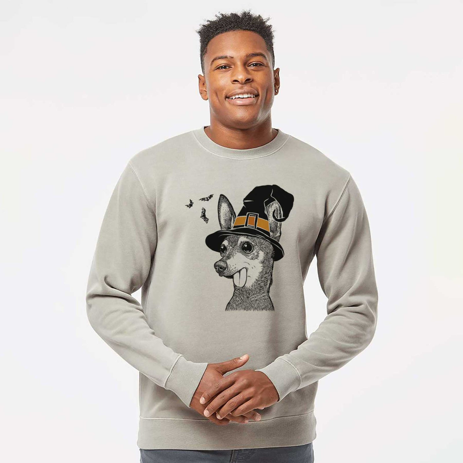 Hand-drawn sketch of Aaron the Chihuahua wearing a witch hat on a Cement Unisex pigment dyed crew sweatshirt