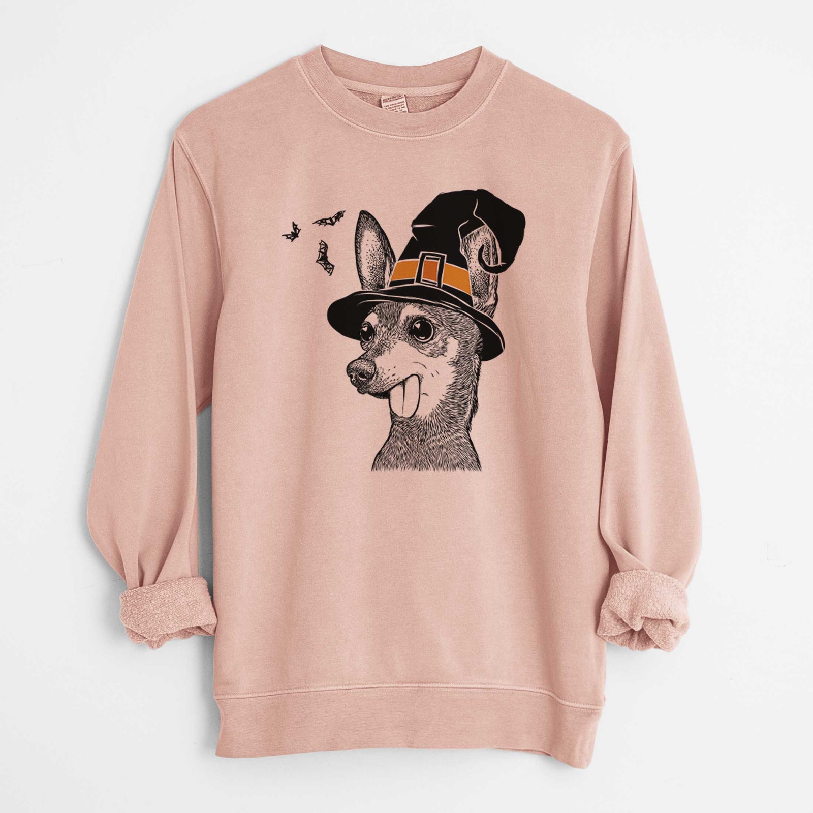Hand-drawn sketch of Aaron the Chihuahua wearing a witch hat on a Dusty Pink Unisex pigment dyed crew sweatshirt