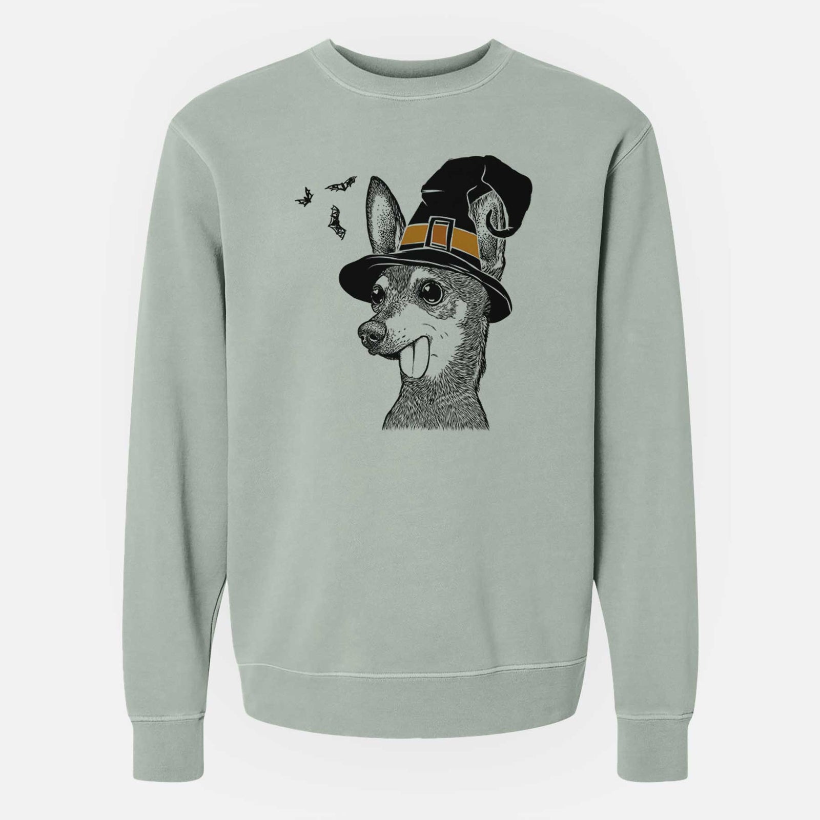 Hand-drawn sketch of Aaron the Chihuahua wearing a witch hat on a Sage Unisex pigment dyed crew sweatshirt