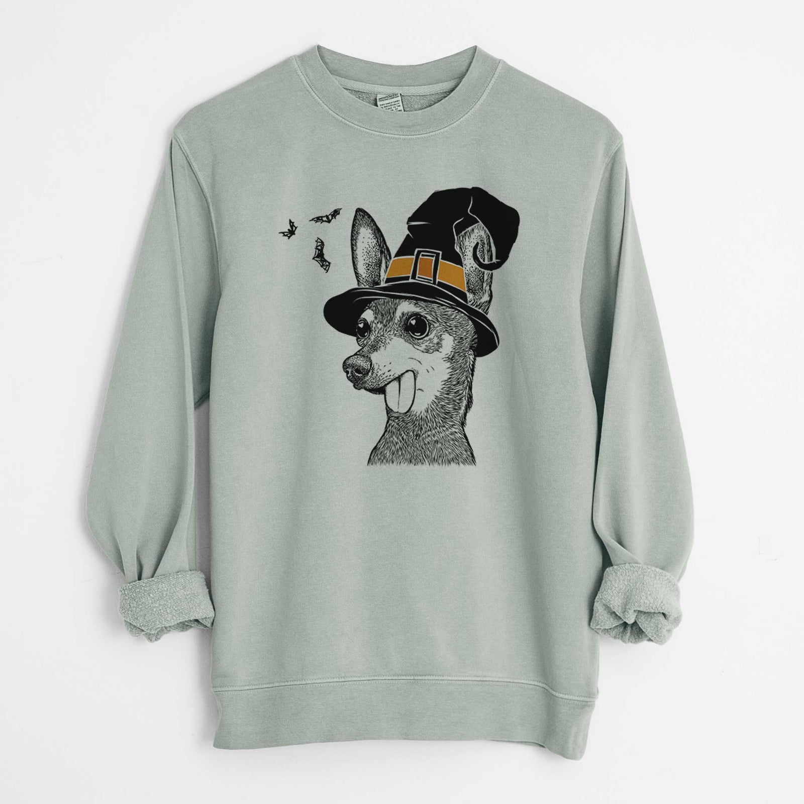 Hand-drawn sketch of Aaron the Chihuahua wearing a witch hat on a Sage Unisex pigment dyed crew sweatshirt