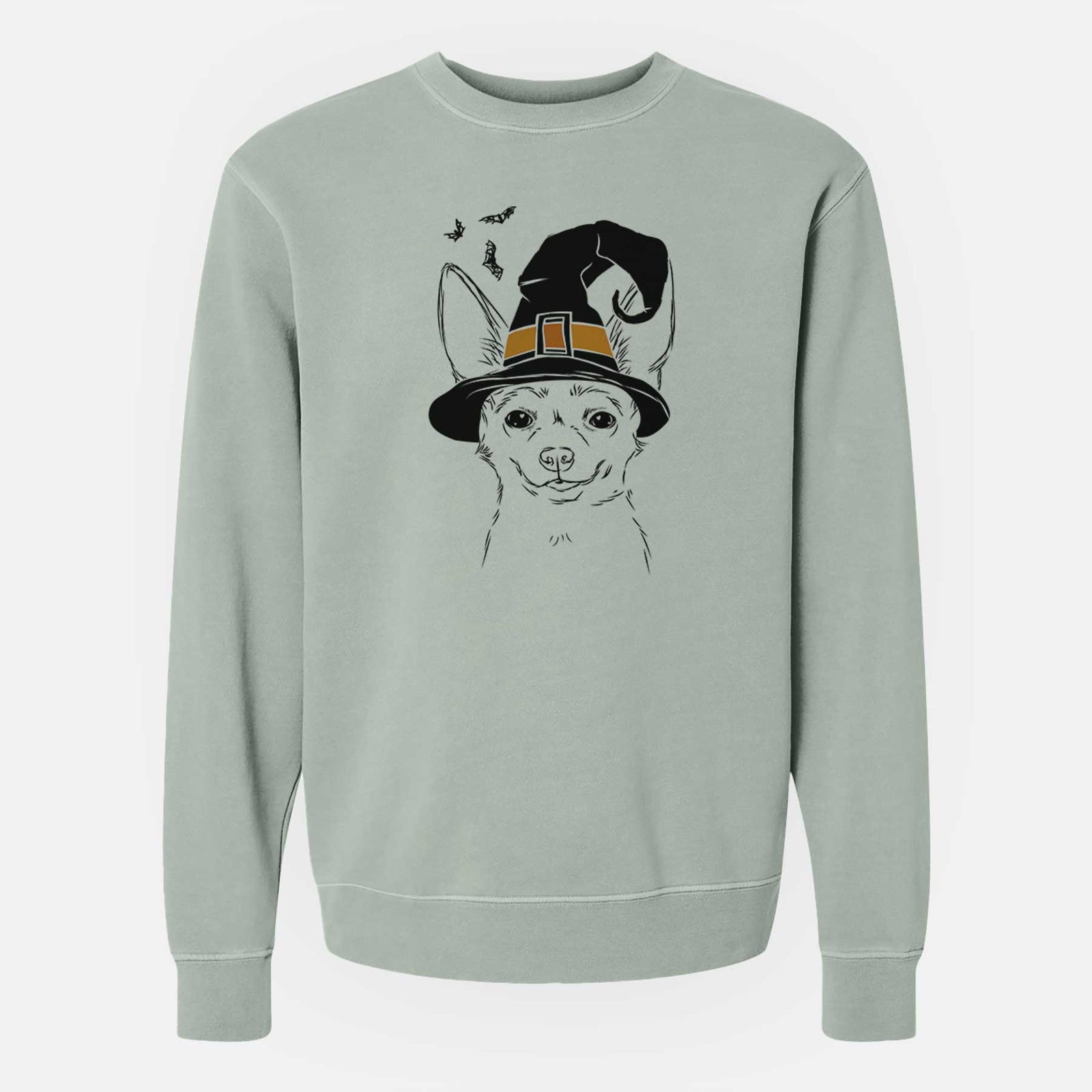 Hand-drawn sketch of Amos the Chihuahua wearing a witch hat on a Sage Unisex pigment dyed crew sweatshirt