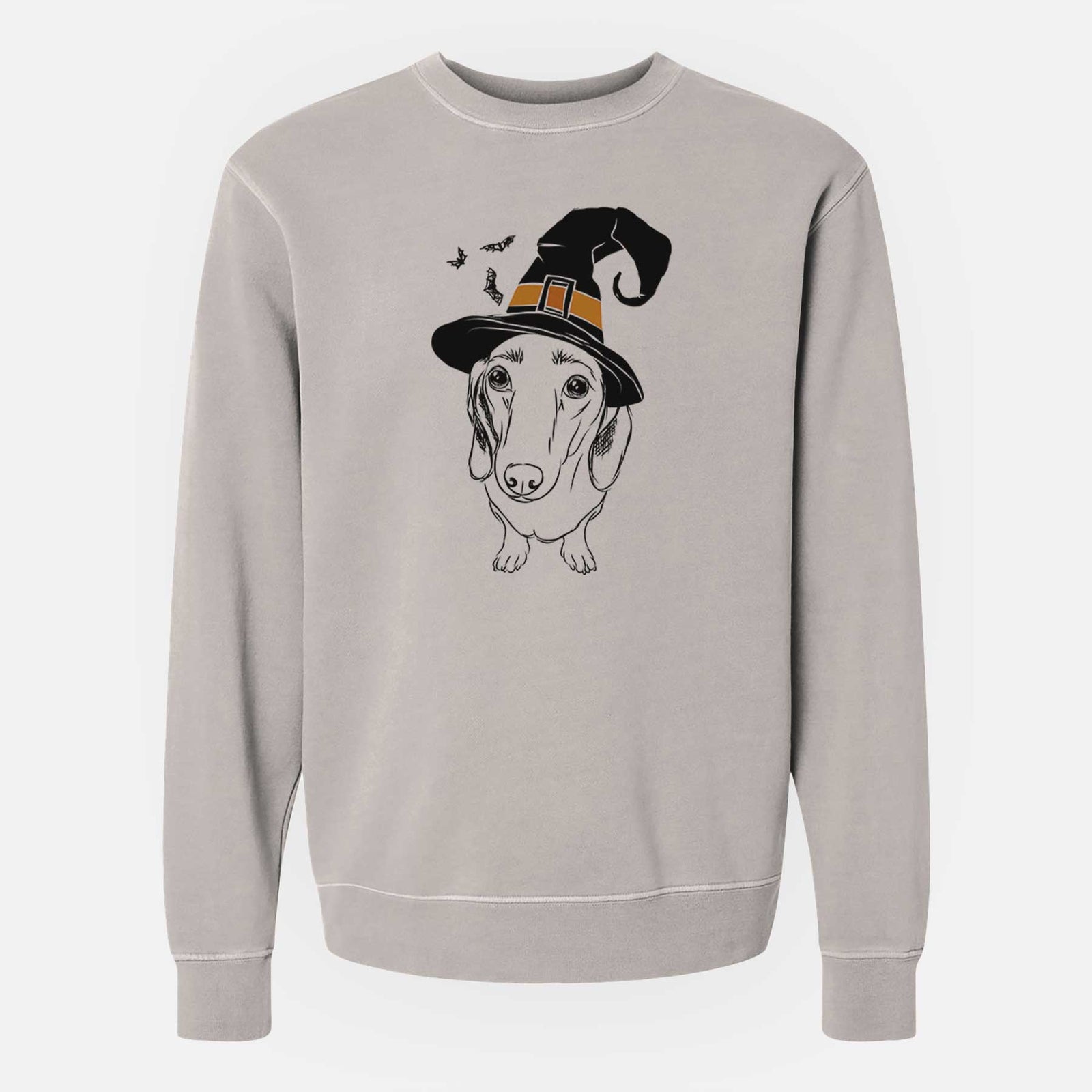 Hand-drawn sketch of Annabelle the Dachshund wearing a witch hat on a Cement Unisex pigment dyed crew sweatshirt