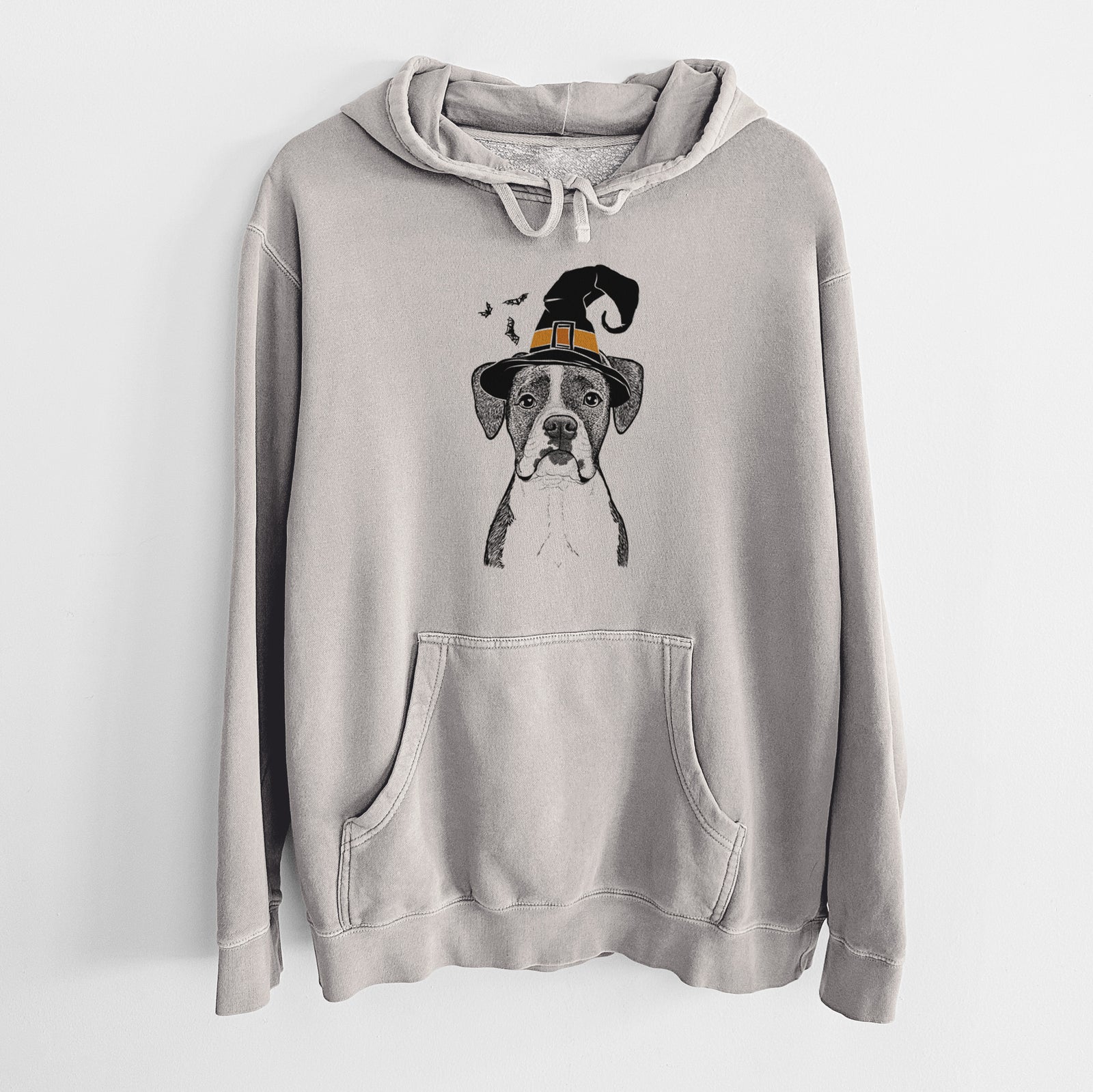 Hand-drawn sketch of Annie the Boxer wearing a witch hat on a Cement Unisex pigment dyed hoodie
