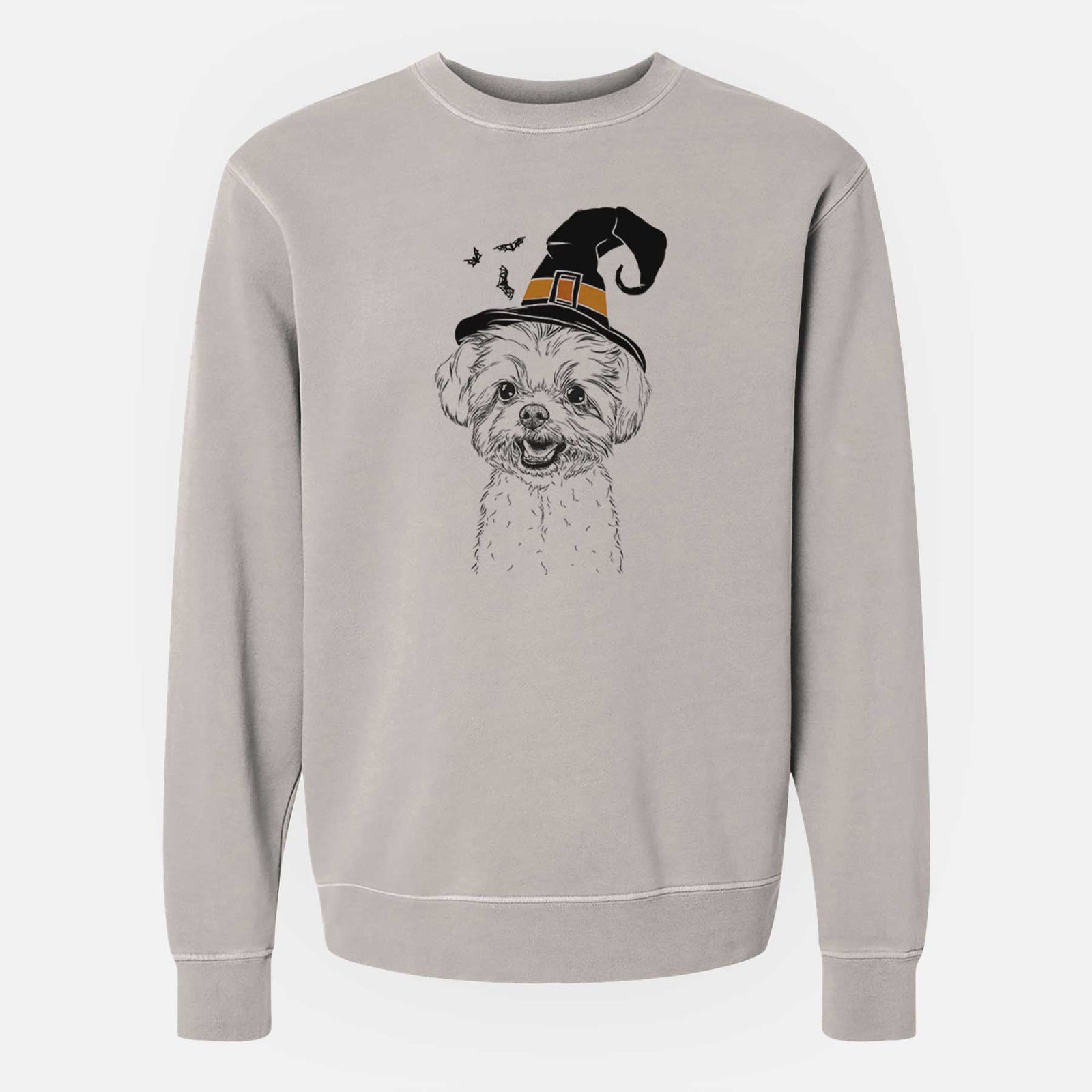 Hand-drawn sketch of Aspen the Morkie wearing a witch hat on a Cement Unisex pigment dyed crew sweatshirt