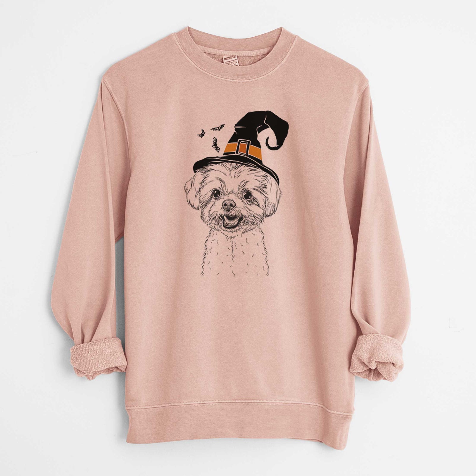 Hand-drawn sketch of Aspen the Morkie wearing a witch hat on a Dusty Pink Unisex pigment dyed crew sweatshirt