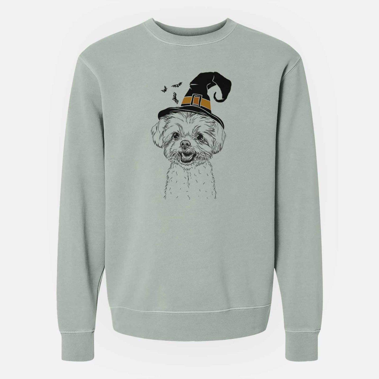 Hand-drawn sketch of Aspen the Morkie wearing a witch hat on a Sage Unisex pigment dyed crew sweatshirt