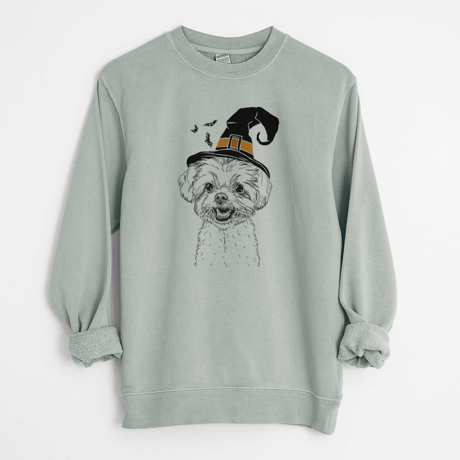 Hand-drawn sketch of Aspen the Morkie wearing a witch hat on a Sage Unisex pigment dyed crew sweatshirt
