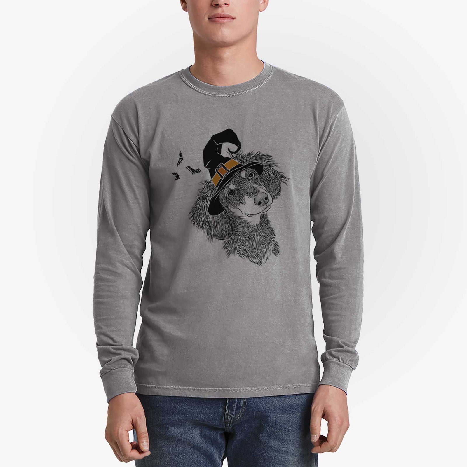 Witch Bailey the Long Haired Dachshund - Men's Heavyweight 100% Cotton Long Sleeve