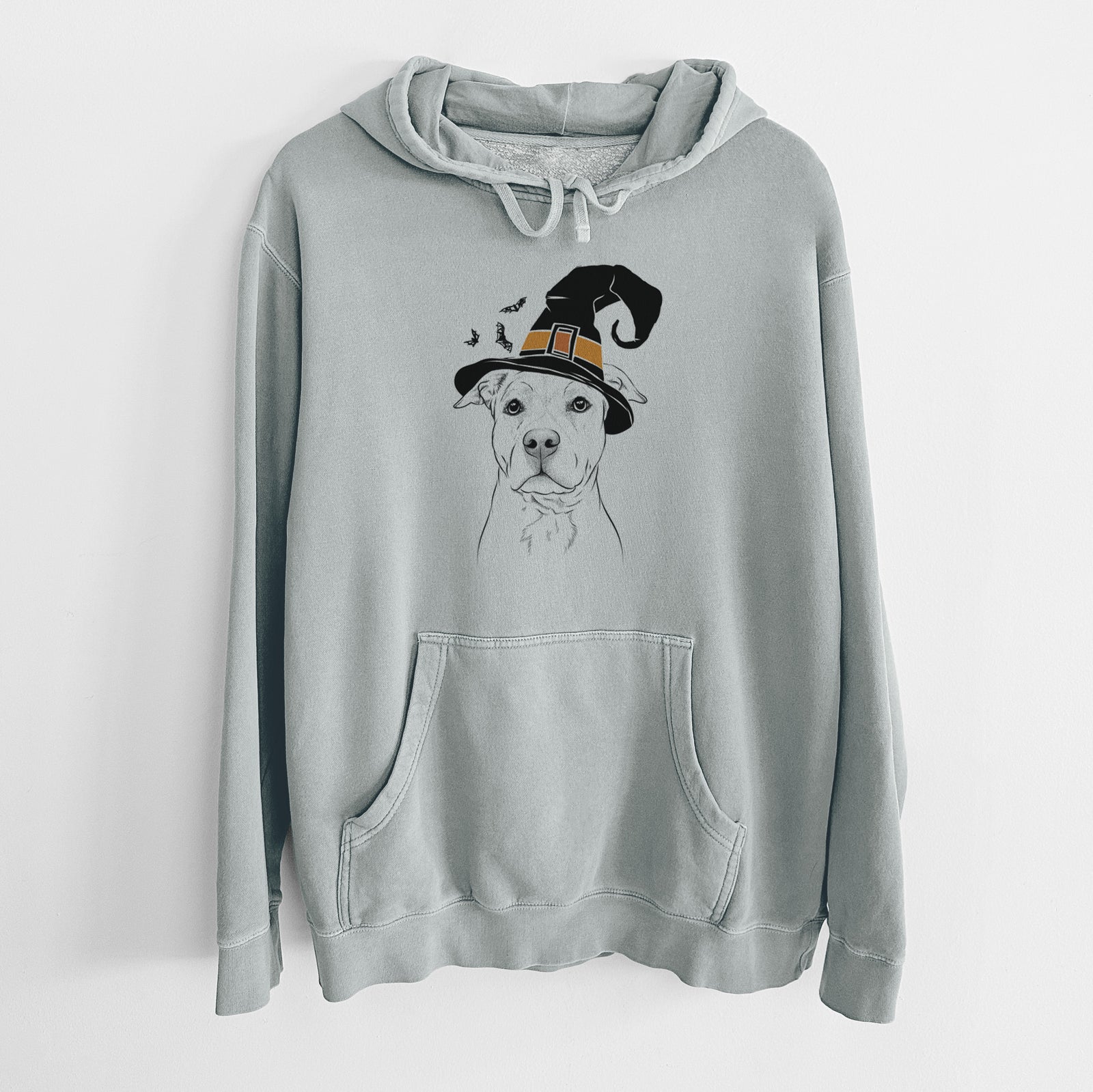 Hand-drawn sketch of Bailey the American Staffordshire Terrier wearing a witch hat on a Sage Unisex pigment dyed hoodie
