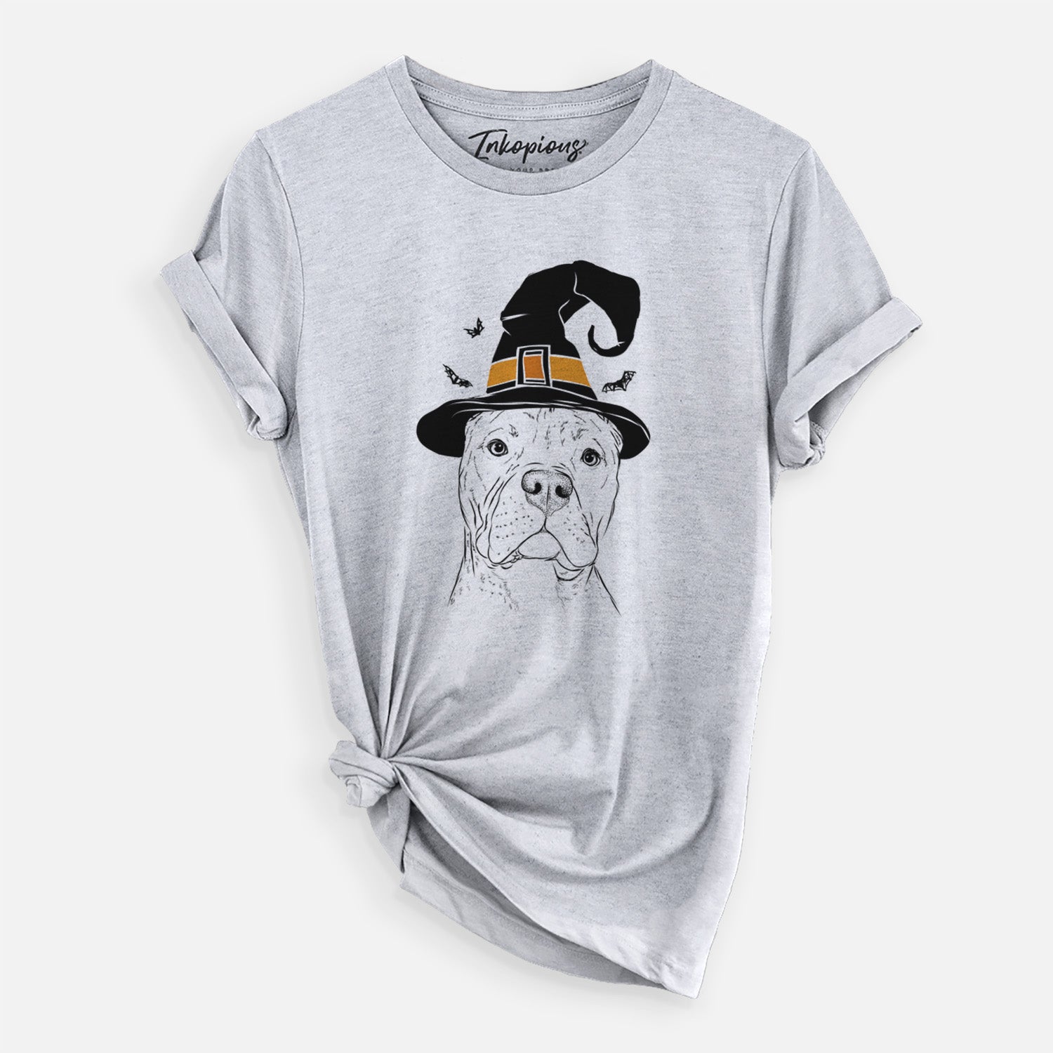 Hand-drawn sketch of Bam Bam the Pitbull wearing a witch hat on a Grey Unisex crewneck