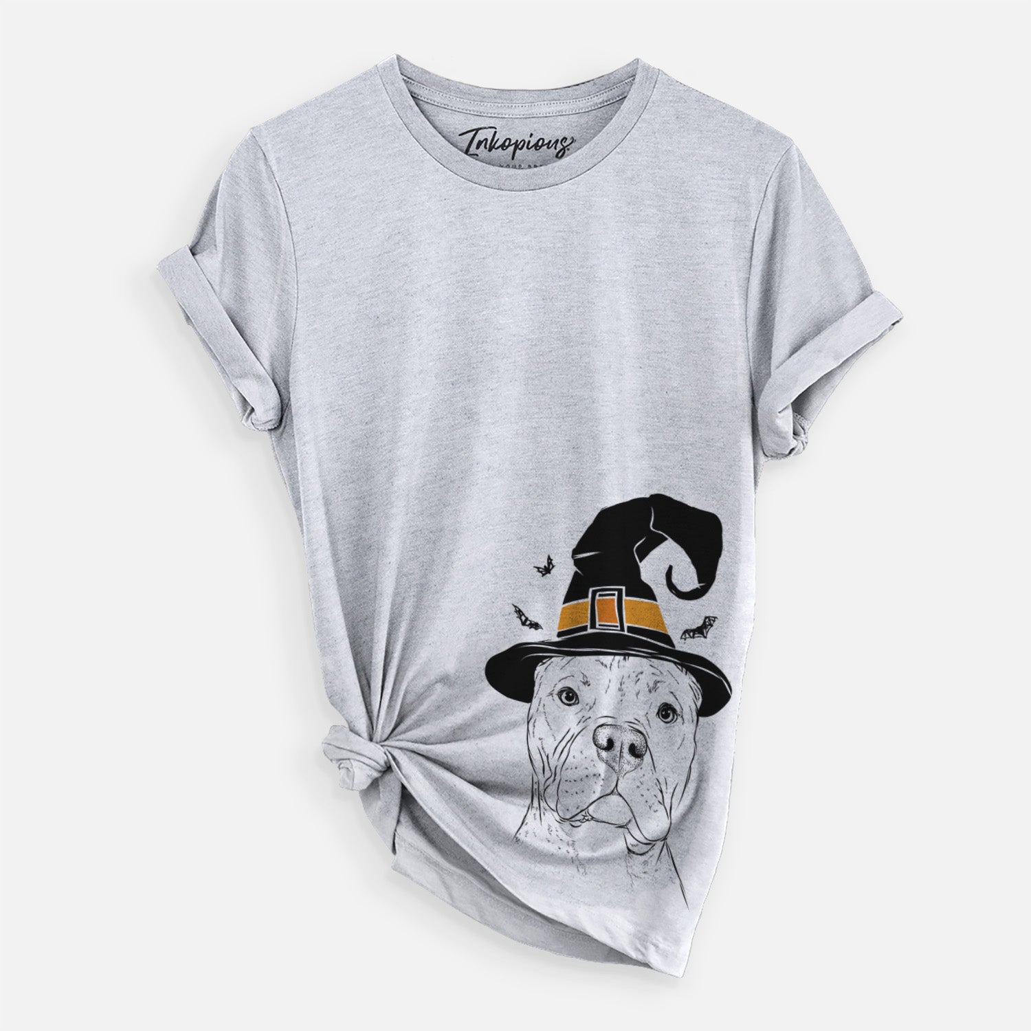 Hand-drawn sketch of Bam Bam the Pitbull wearing a witch hat on a Grey Unisex crewneck