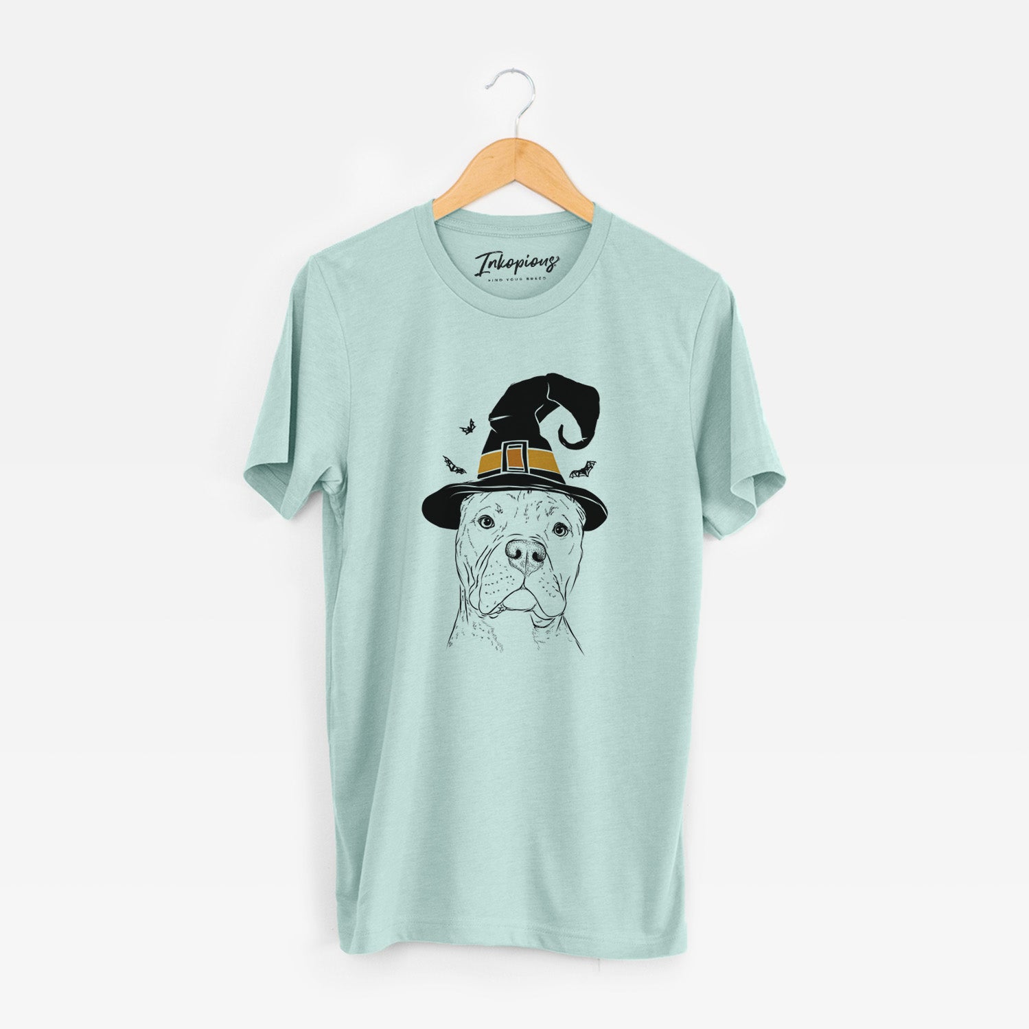 Hand-drawn sketch of Bam Bam the Pitbull wearing a witch hat on a Heather Sage Unisex crewneck