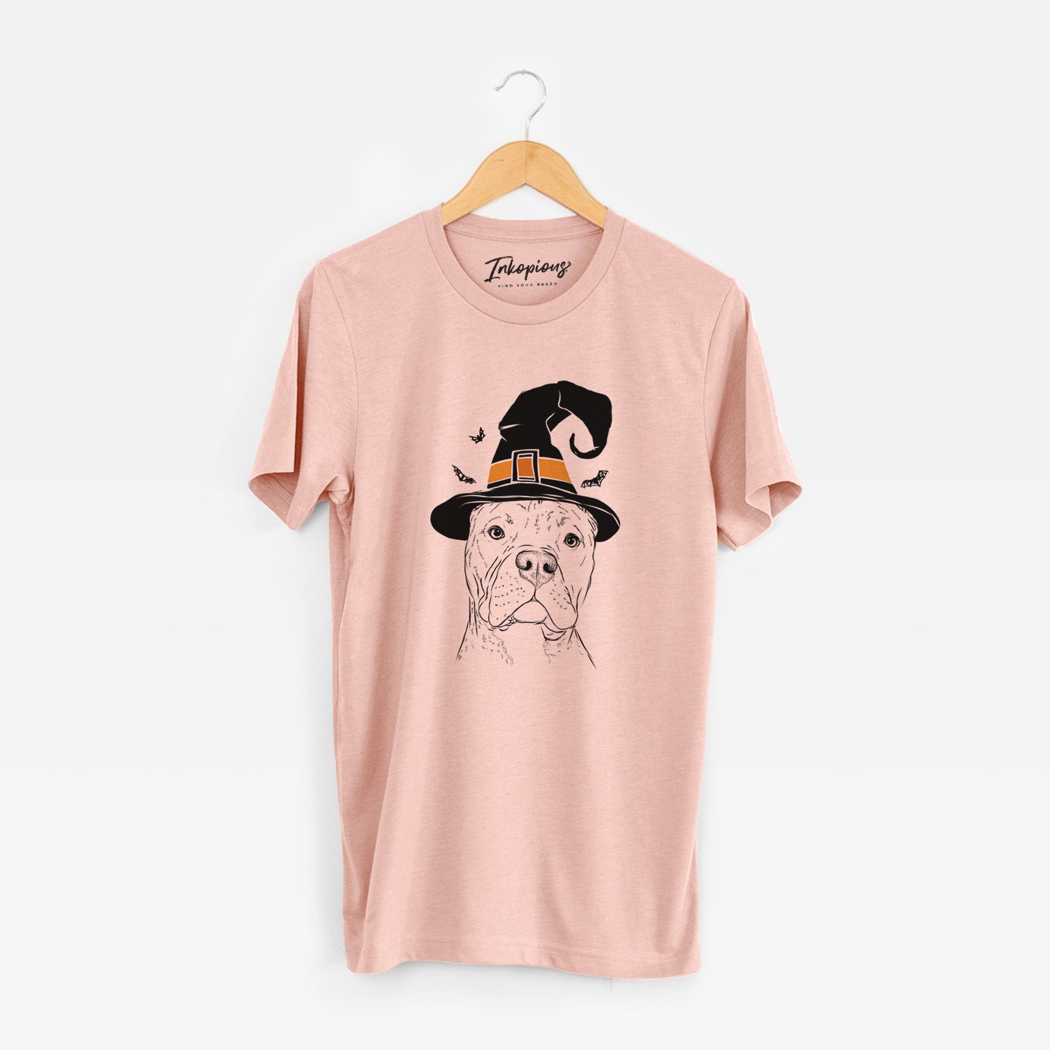 Hand-drawn sketch of Bam Bam the Pitbull wearing a witch hat on a Peach Unisex crewneck