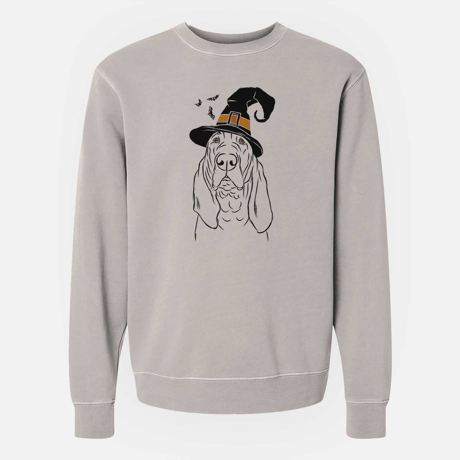 Hand-drawn sketch of Baron the Bloodhound wearing a witch hat on a Cement Unisex pigment dyed crew sweatshirt