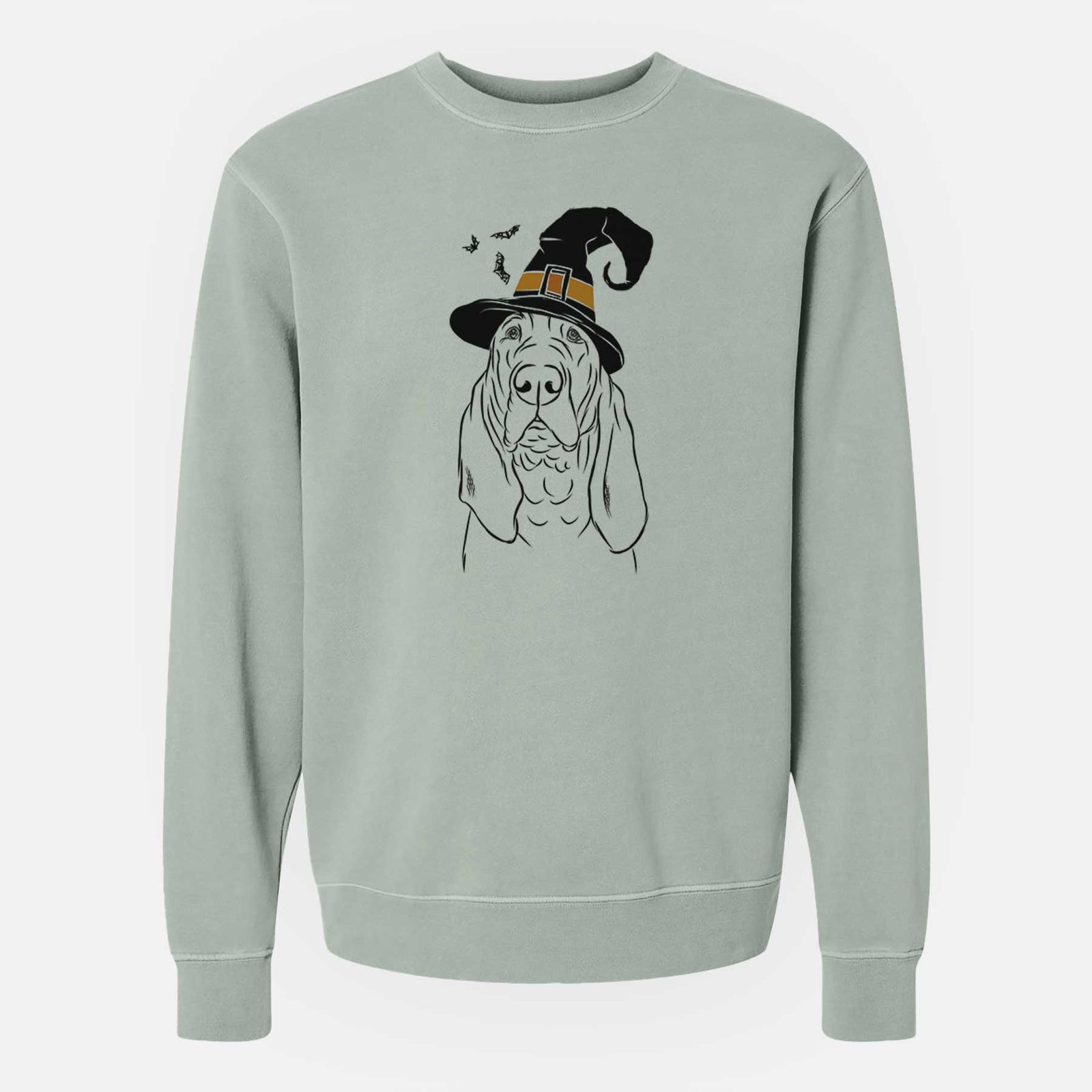 Hand-drawn sketch of Baron the Bloodhound wearing a witch hat on a Sage Unisex pigment dyed crew sweatshirt